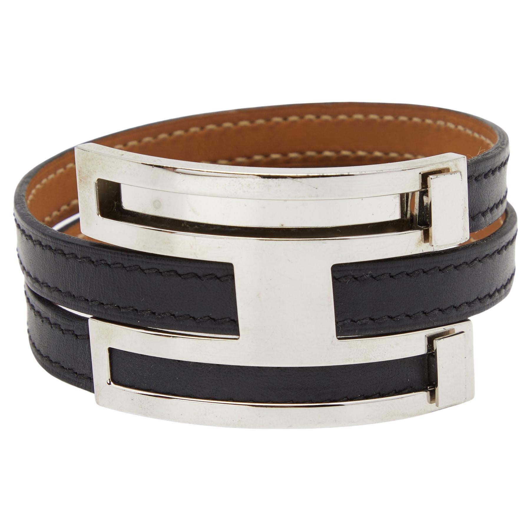 Hermes Pousse Pousse Black Leather Palladium Plated Adjustable H Bracelet