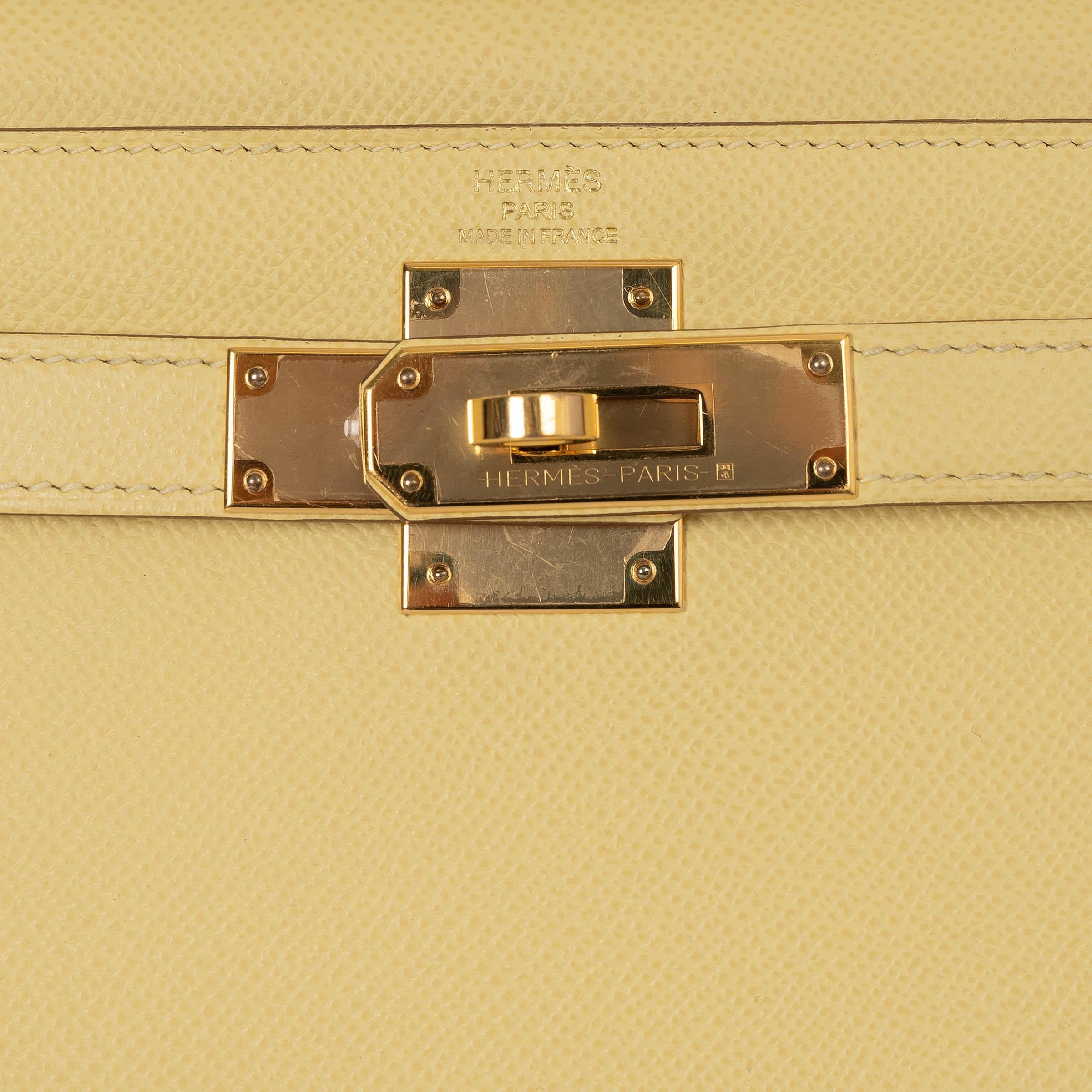 Women's HERMES Poussin yellow Epsom leather KELLY 28 SELLIER Bag Ghw For Sale