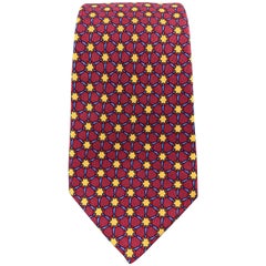 Vintage HERMES Print Burgundy Blue & Gold Geometric Interlock Print Silk Tie