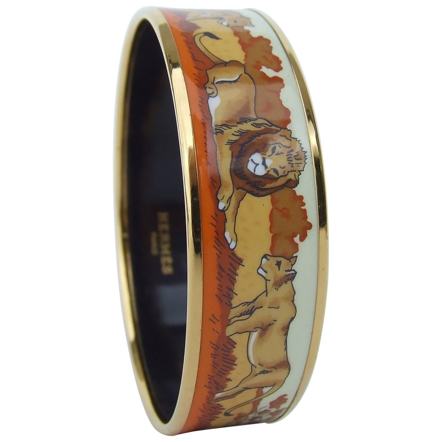 Hermès Printed Enamel Bracelet Lions And Lionesses In Savannah Gold Hdw Size 65