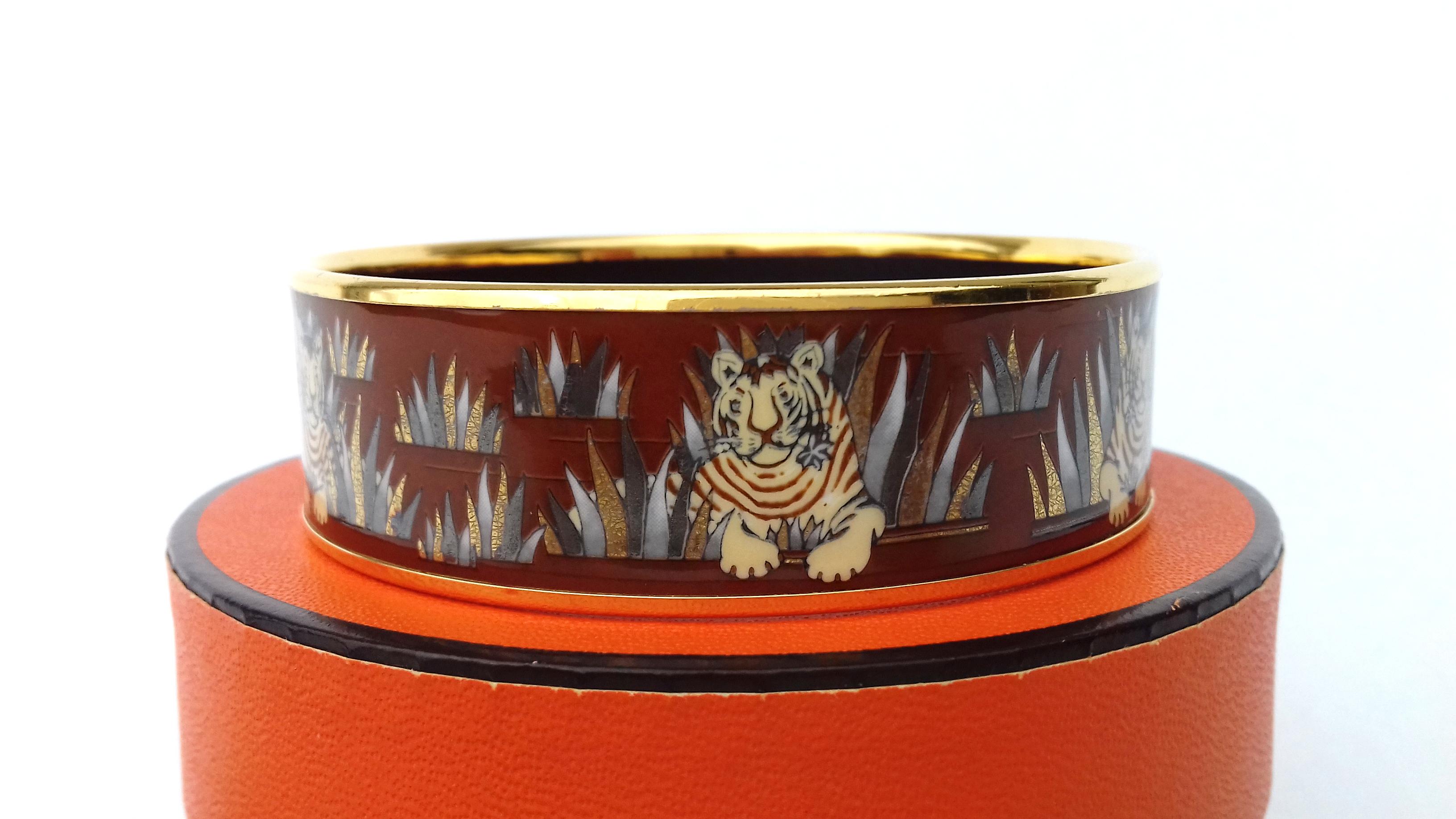 Women's Hermès Printed Enamel Bracelet Tigers in the Herbs Joachim Metz GHW Size 65 RARE