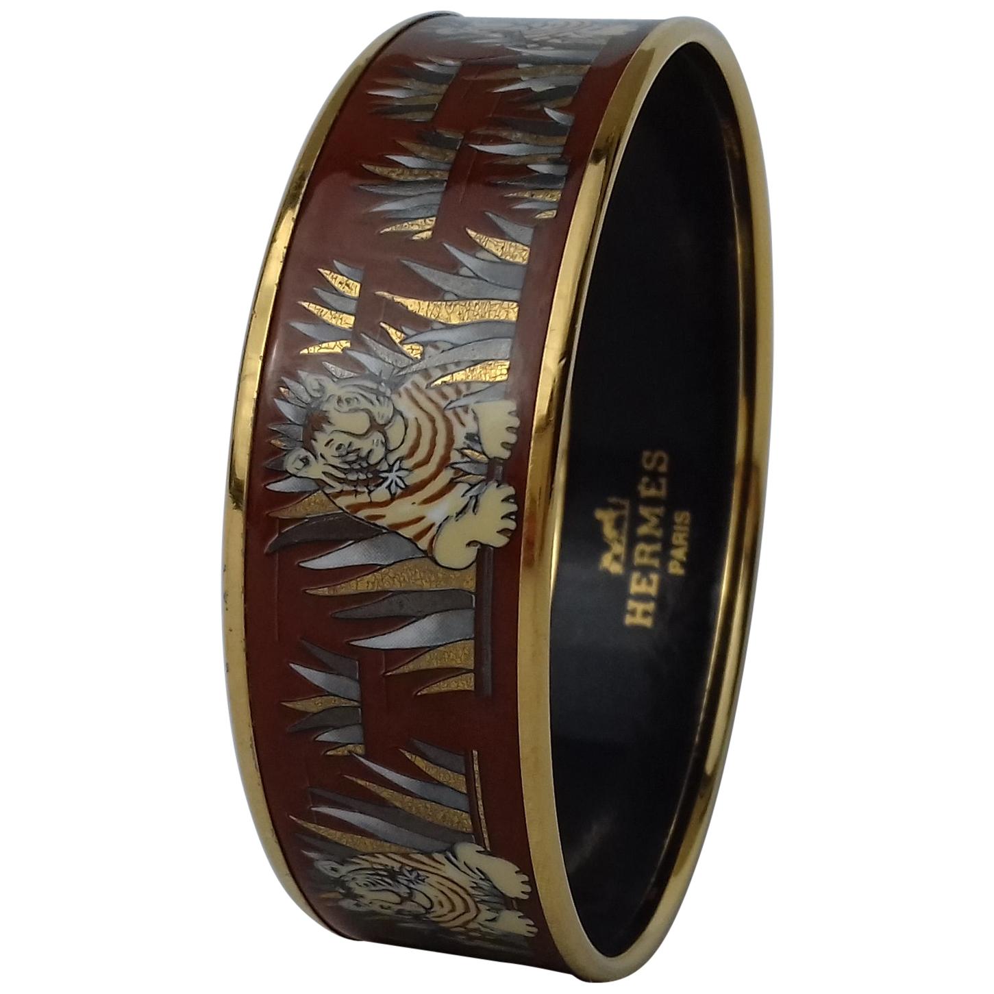 Hermès Printed Enamel Bracelet Tigers in the Herbs Joachim Metz GHW Size 65 RARE