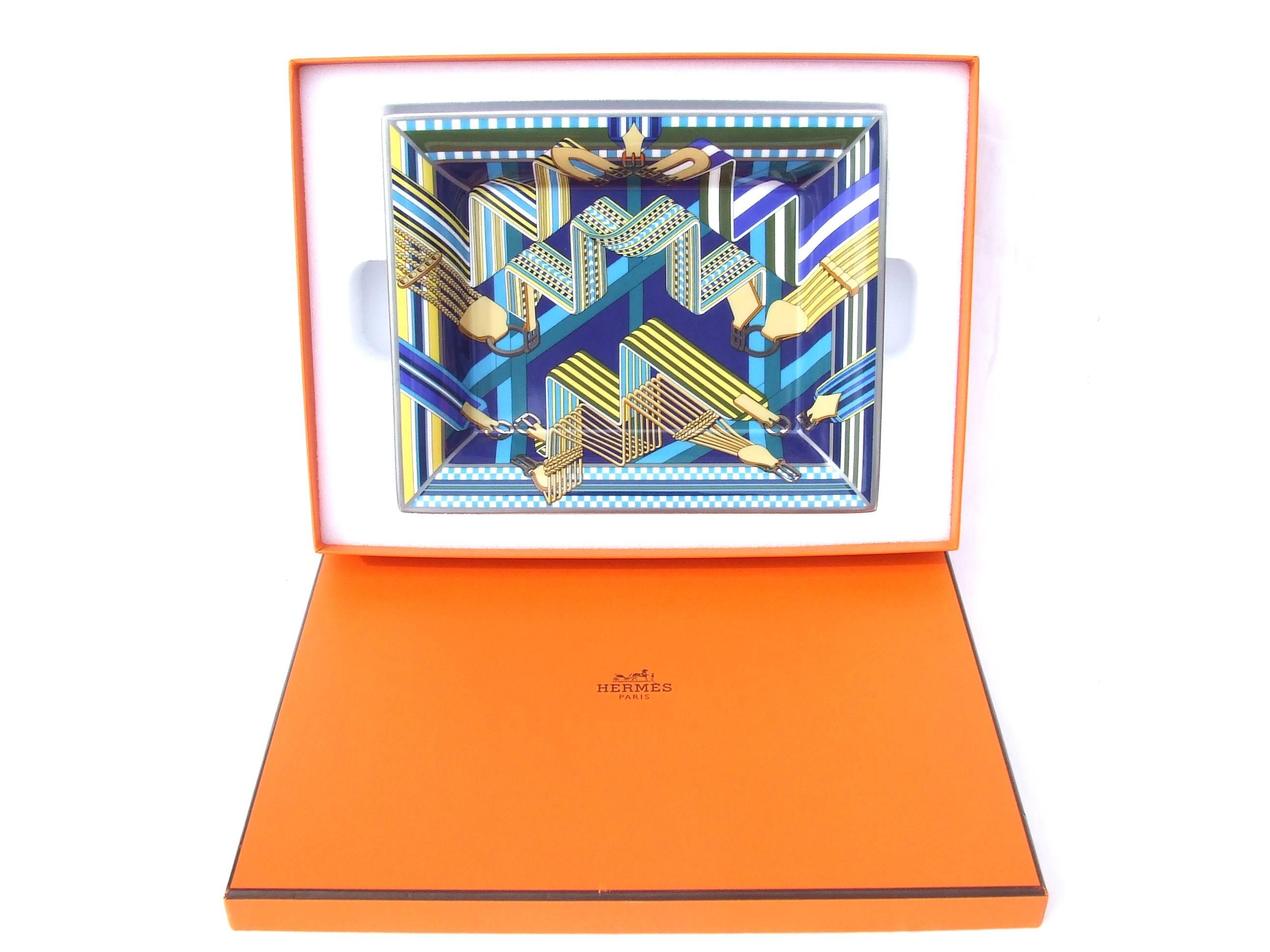 Hermes Printed Porcelain Change Tray Vide-poches 3H Sangles en Zigzag Outremer 5