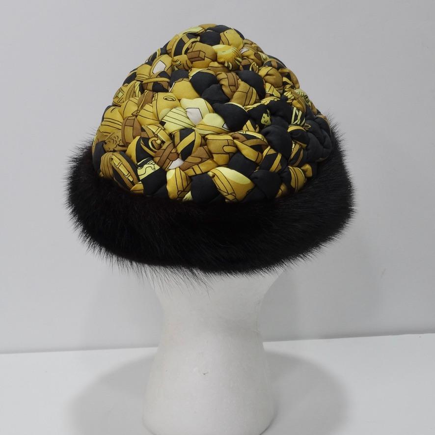 Black Hermes Printed Silk Fur Cap For Sale