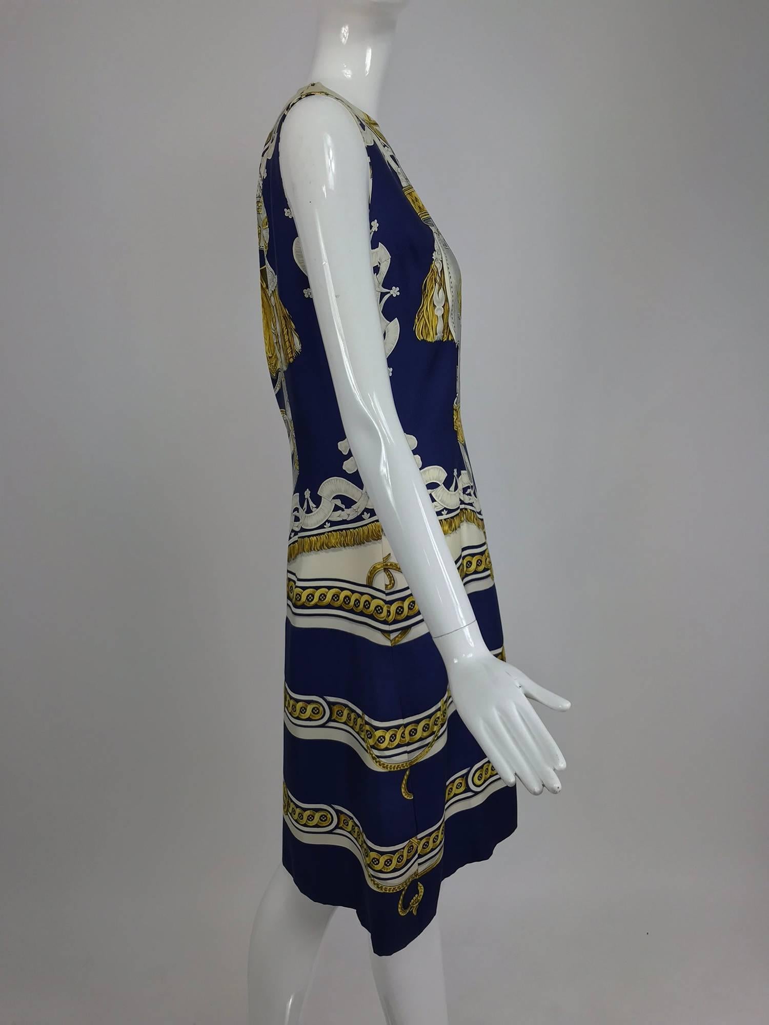 Hermes printed silk twill sheath dress 1970s 42 For Sale 1
