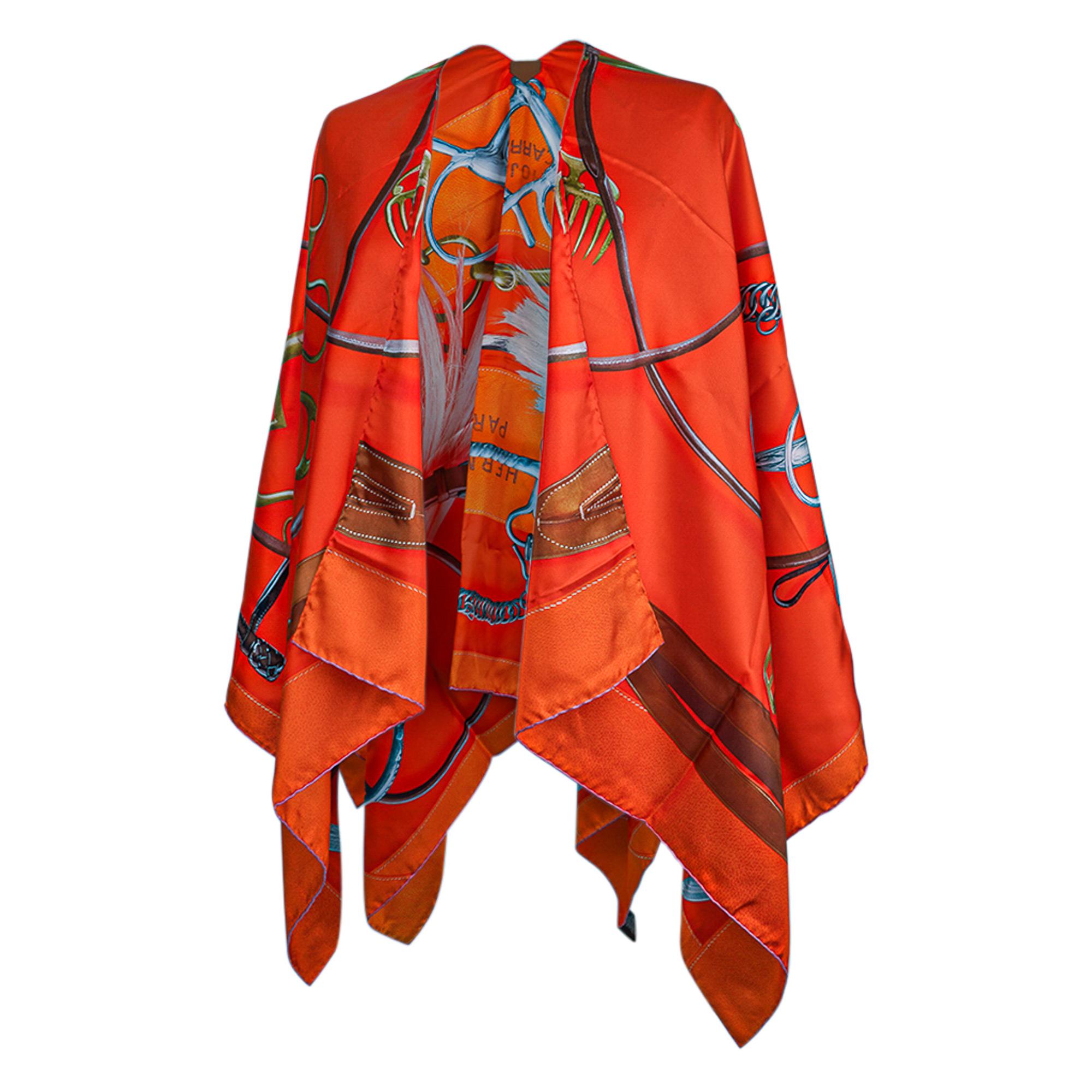 Red Hermes Projets Carres Poncho Silk Vermillion / Brun