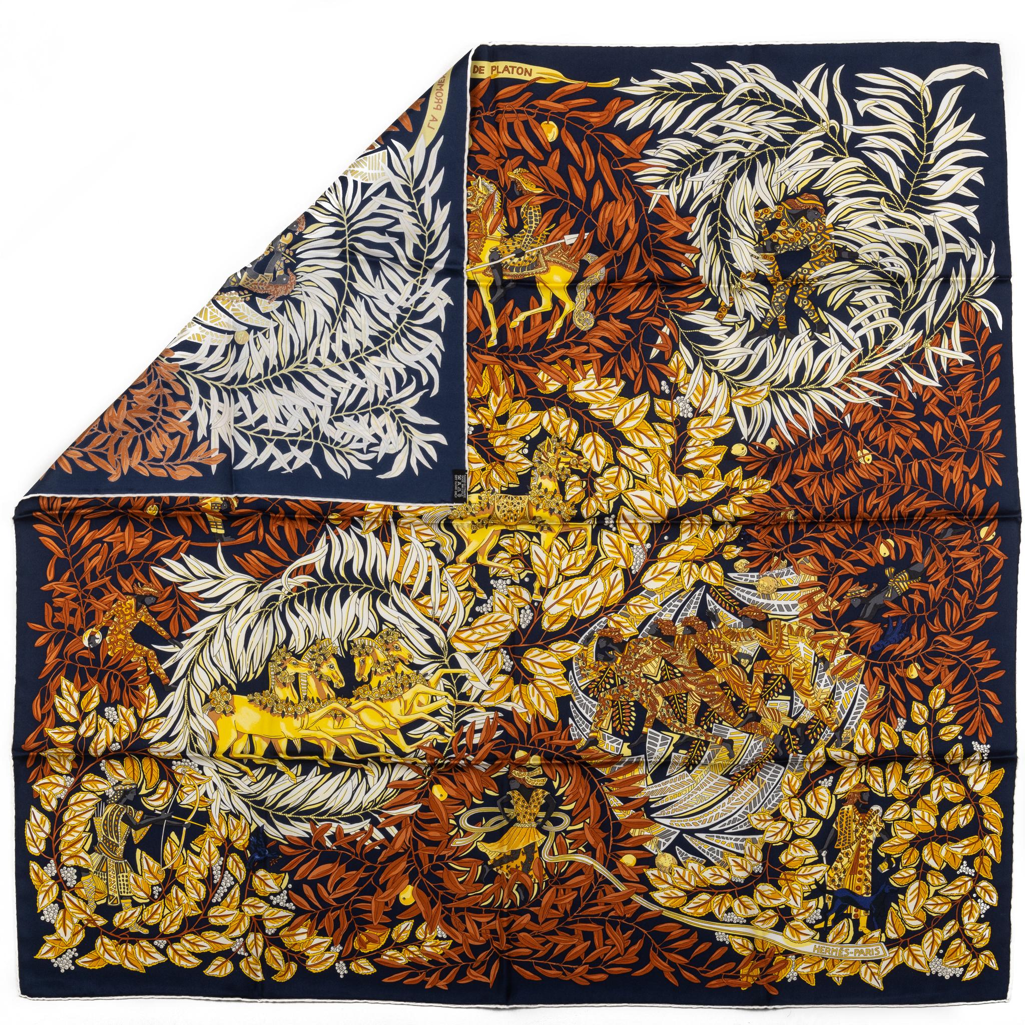 Foulard in seta Hermes promenade in blu e marrone. Bordi arrotolati a mano. Non è inclusa la scatola.