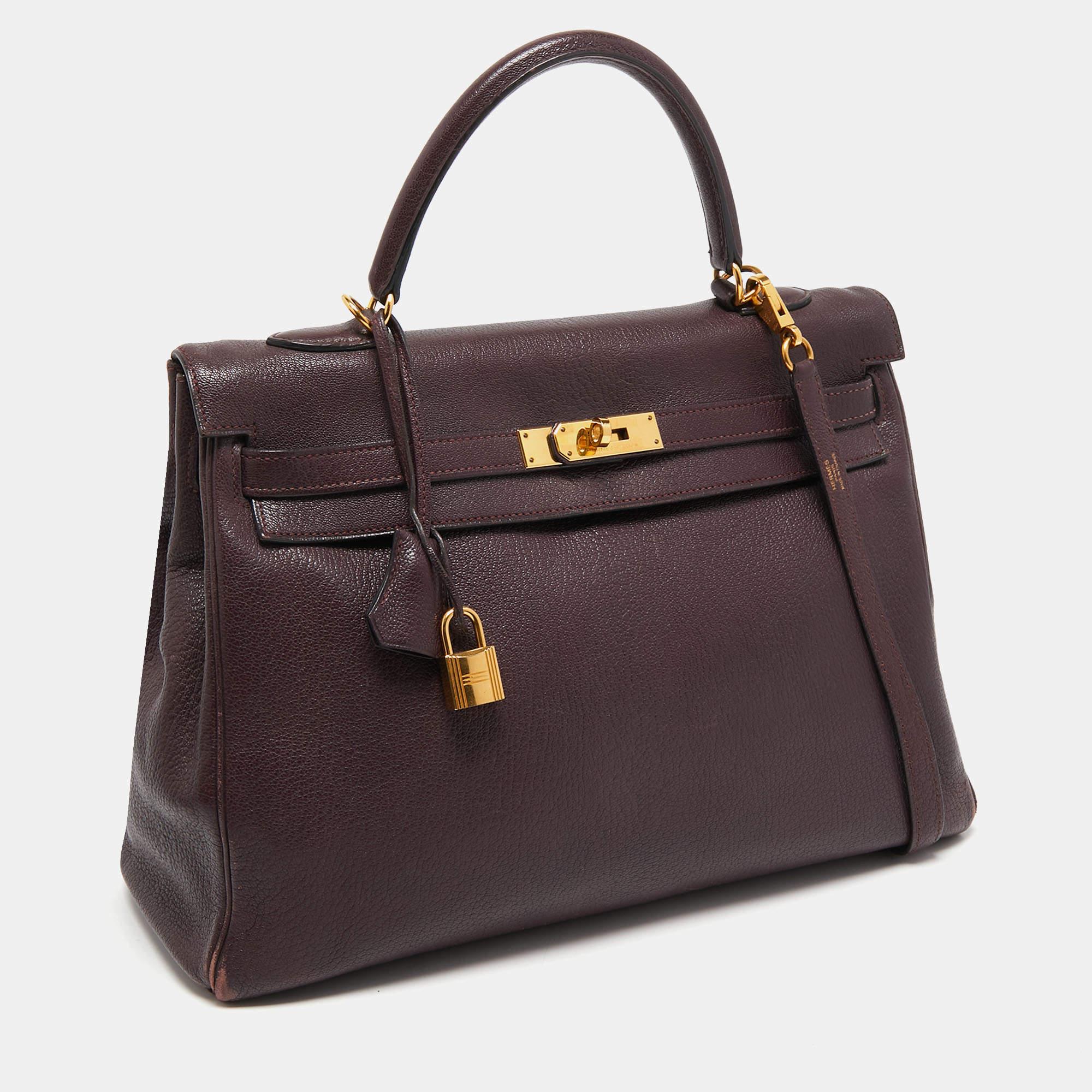 Women's Hermès Prune Chevre De Coromandel Leather Gold Finish Kelly Retourne 35 Bag