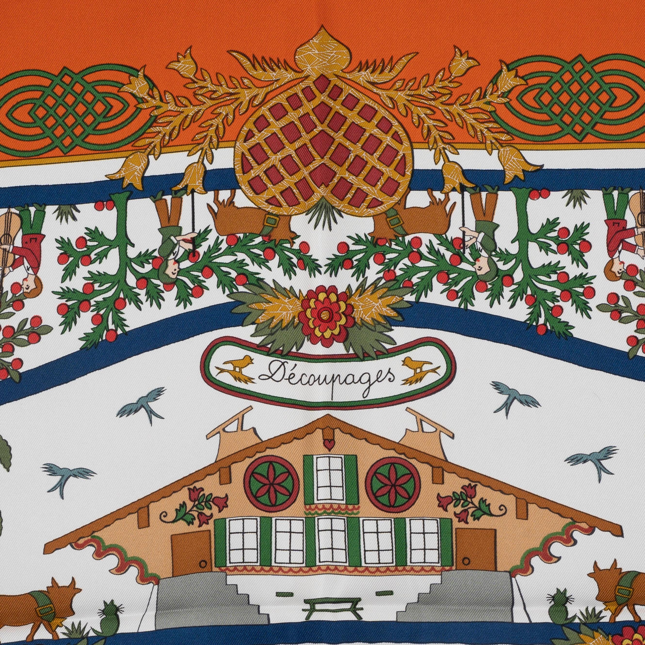 This 100% authentic Hermès Découpage 90 scarf, designed by Anne Rosat, is crafted from exquisite white silk twill with a vibrant pumpkin orange border. It showcases a delicate print inspired by the art of Scherenschnitt (paper cutting) in shades of