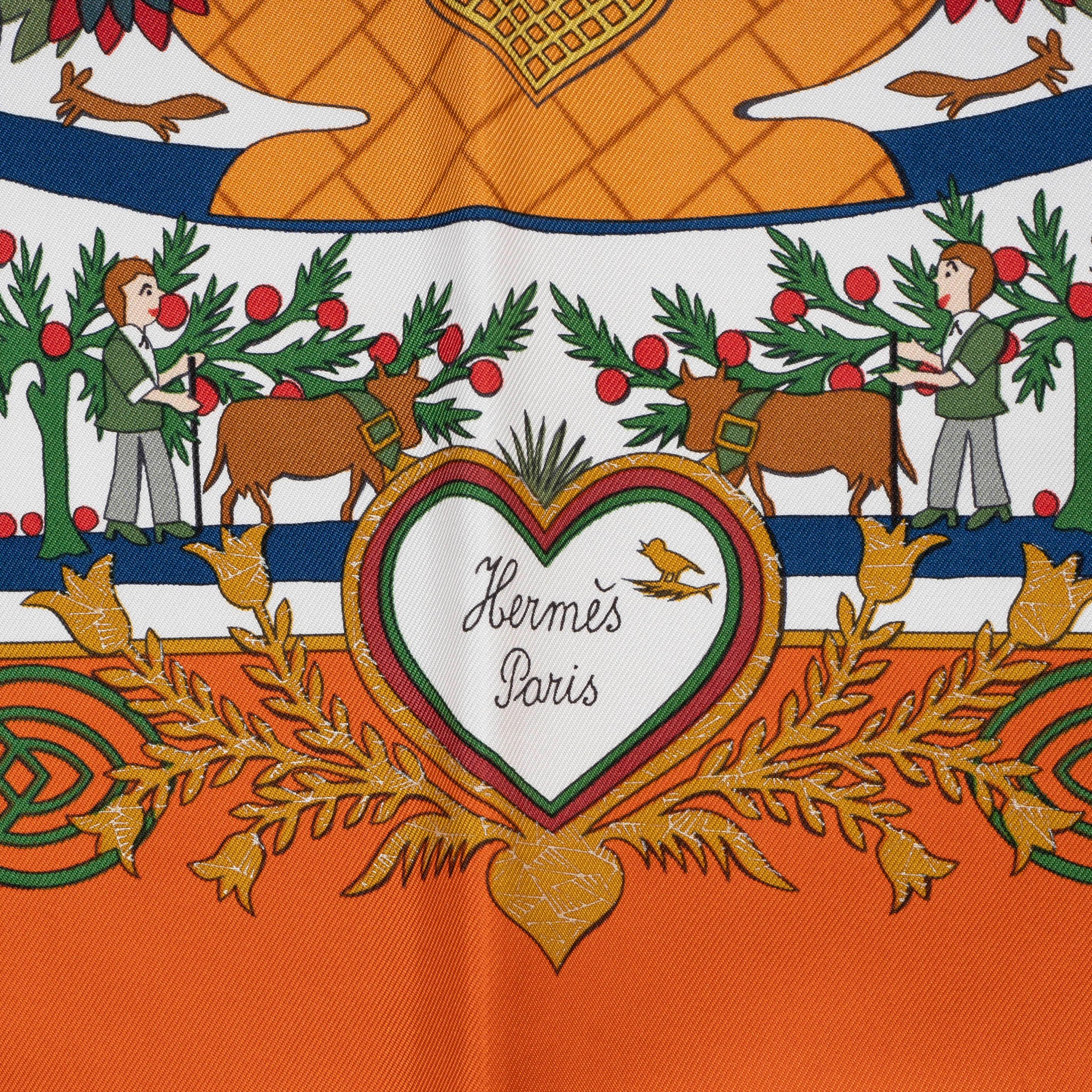 Brown HERMES pumpkin silk DECOUPAGES 90 TWILL Scarf For Sale
