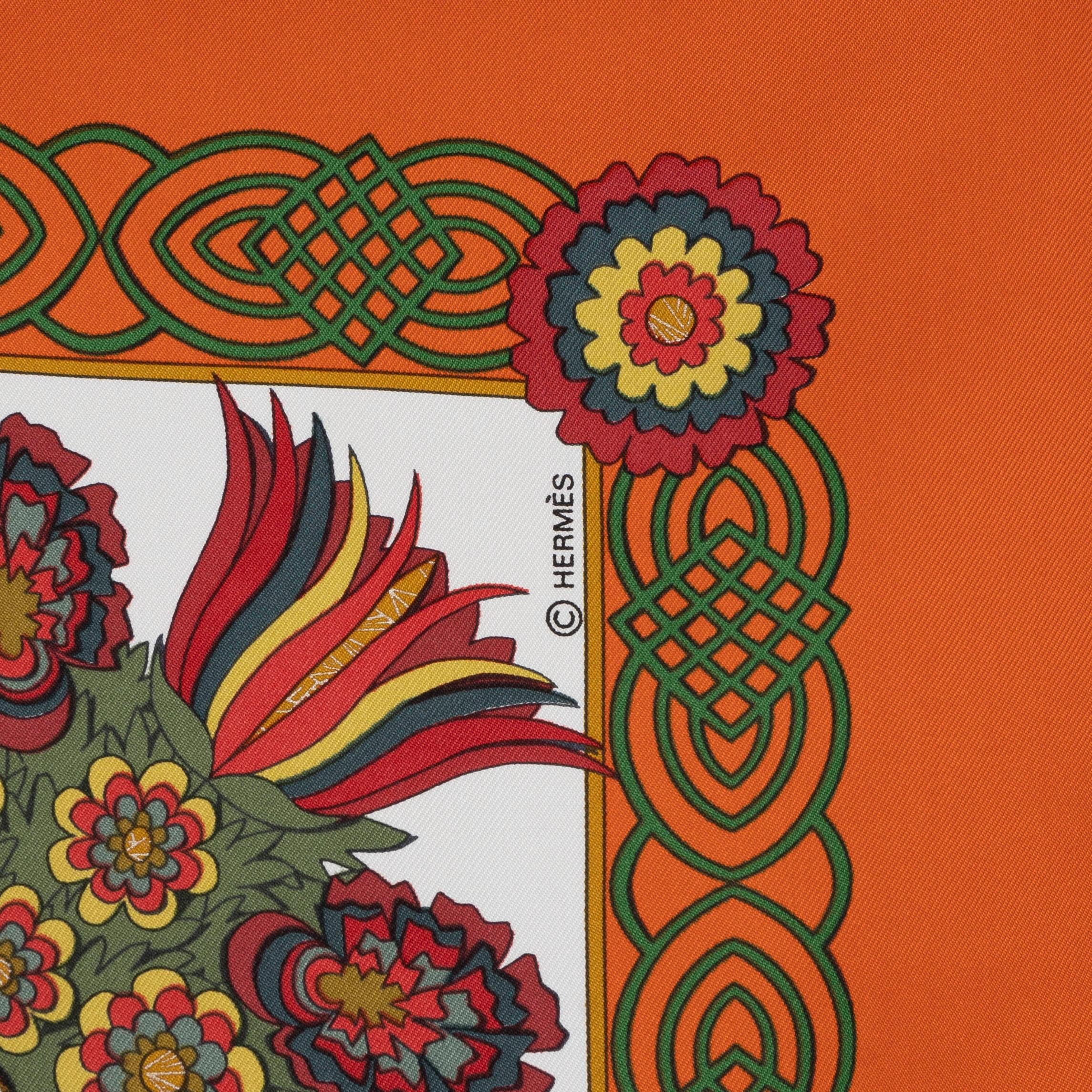 HERMES pumpkin silk DECOUPAGES 90 TWILL Scarf In Excellent Condition For Sale In Zürich, CH