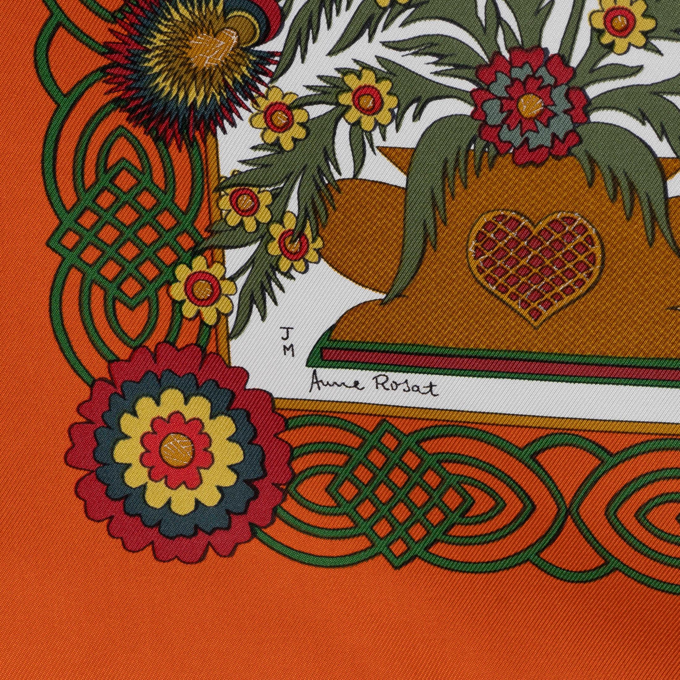 Women's or Men's HERMES pumpkin silk DECOUPAGES 90 TWILL Scarf For Sale