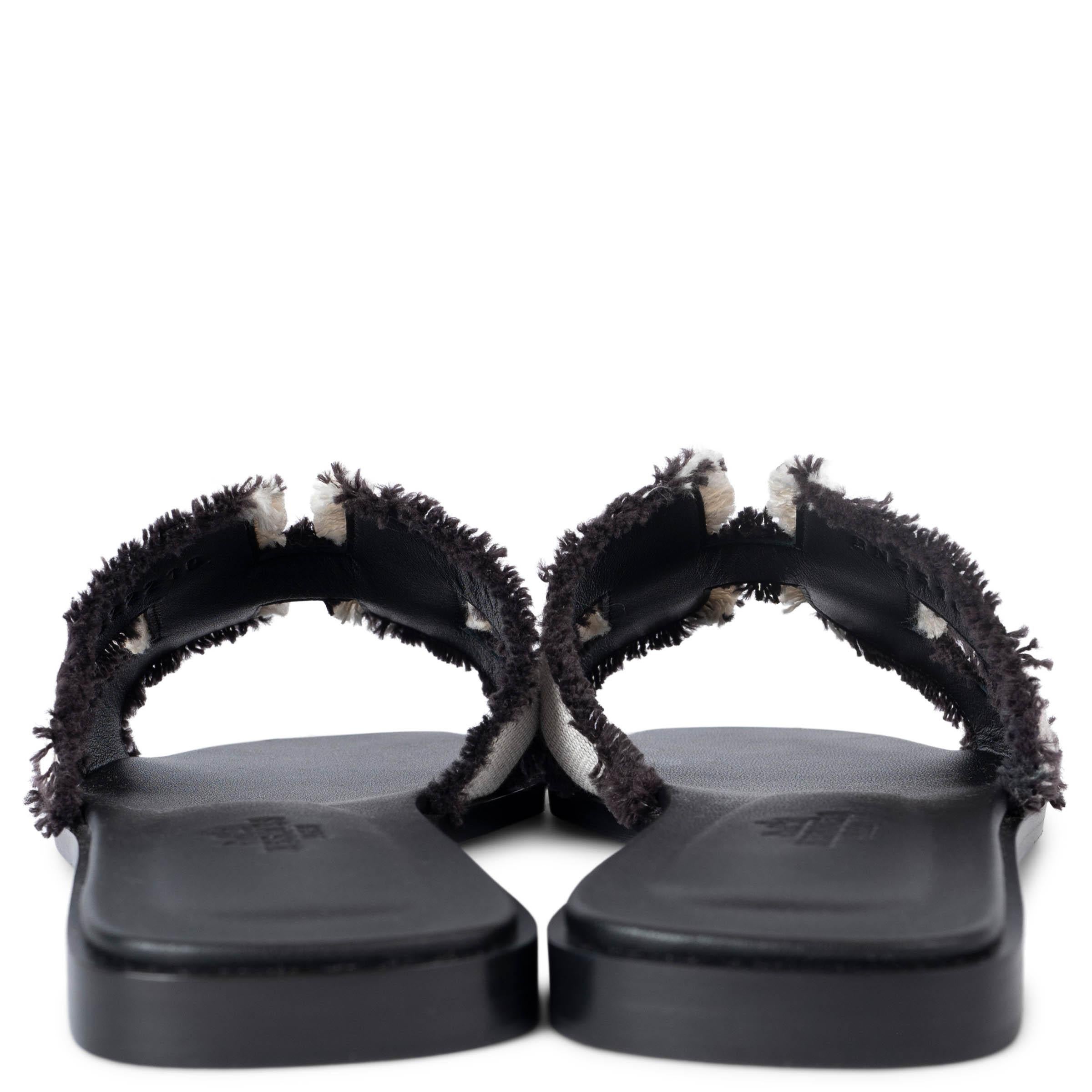 HERMES Purnoir canvas ORAN TOILE H FRINGE Sandals Shoes 37 In New Condition For Sale In Zürich, CH