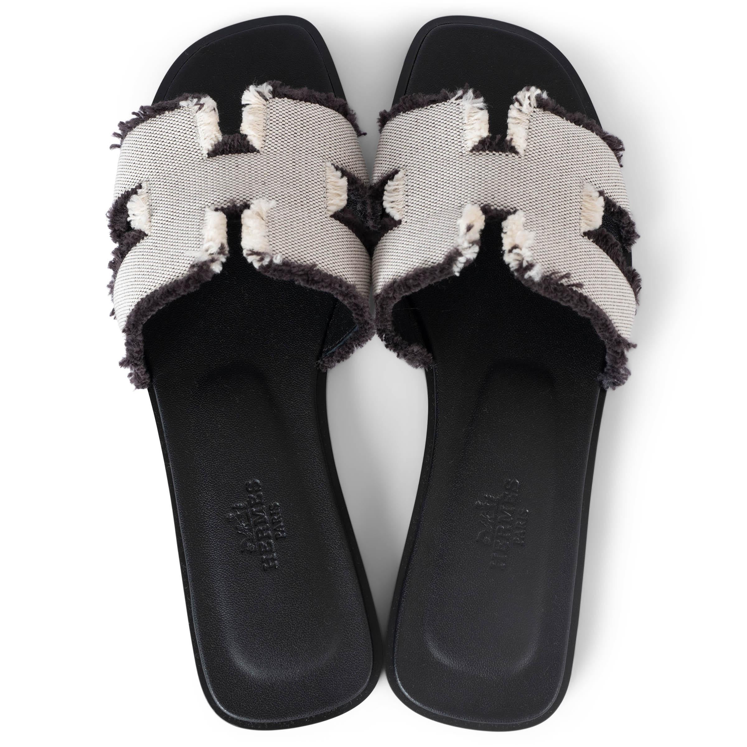 Women's HERMES Purnoir canvas ORAN TOILE H FRINGE Sandals Shoes 37 For Sale