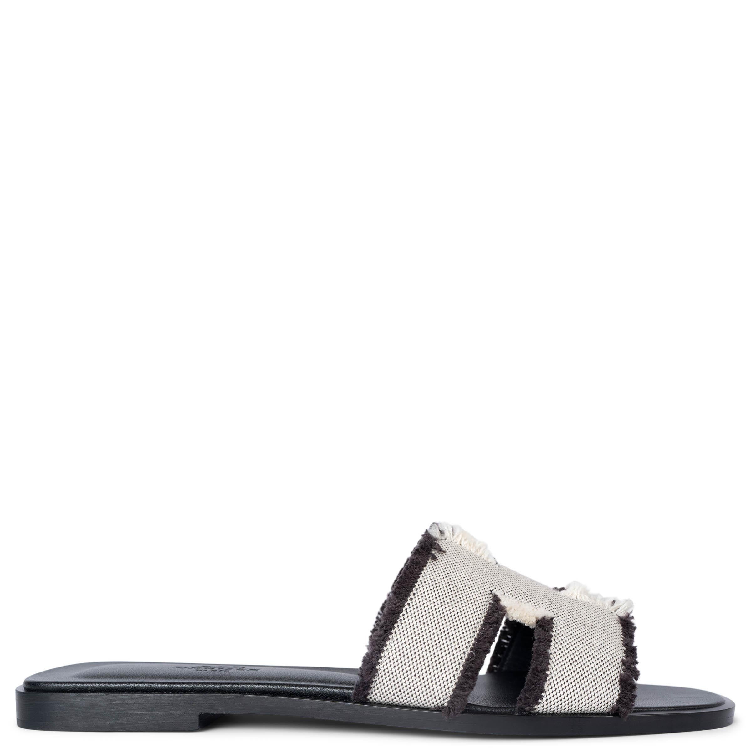 HERMES Purnoir canvas ORAN TOILE H FRINGE Sandals Shoes 37 For Sale