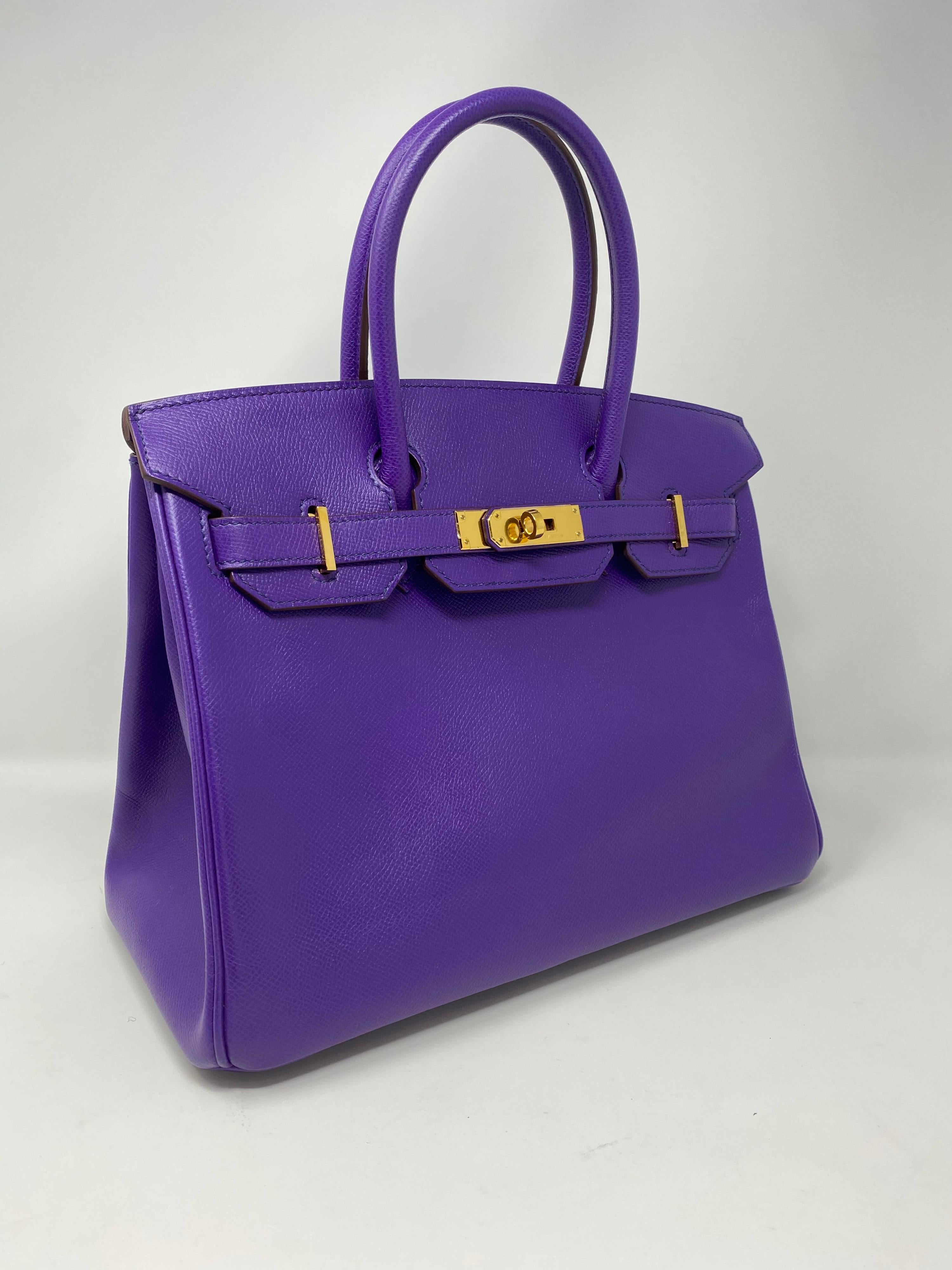 Hermes Purple Birkin 30. Excellent condition. Rare color iris purple. Hard to find combo. Gold hardware. Small size 30 is highly coveted. Includes full set. Guaranteed authentic. 
