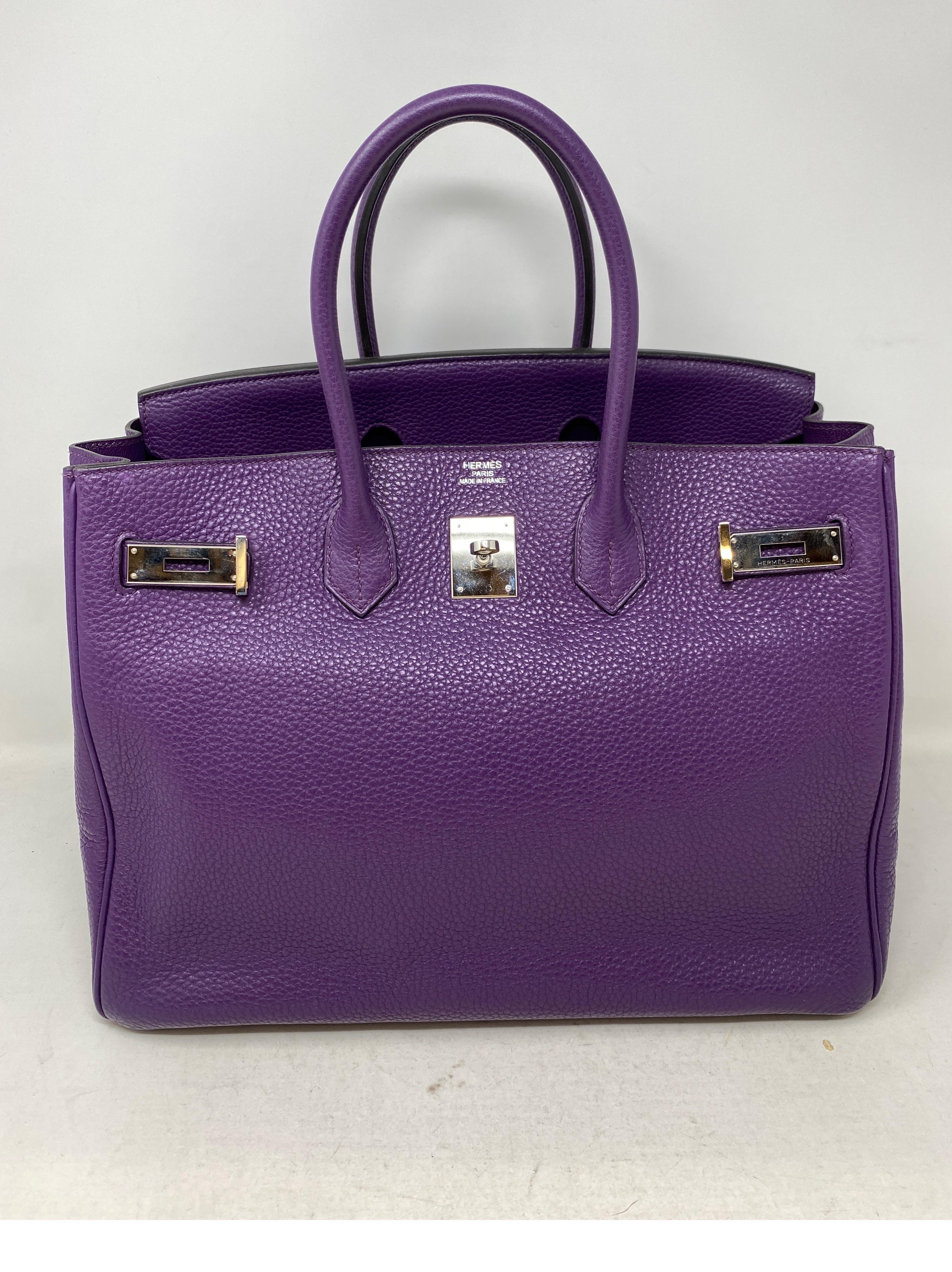 Hermes Purple Birkin 35 Bag. Gorgeous deep purple Birkin Bag. Rare color. Palladium hardware. Excellent condition. Includes clochette, lock, keys, and dust cover. Guaranteed authentic. 