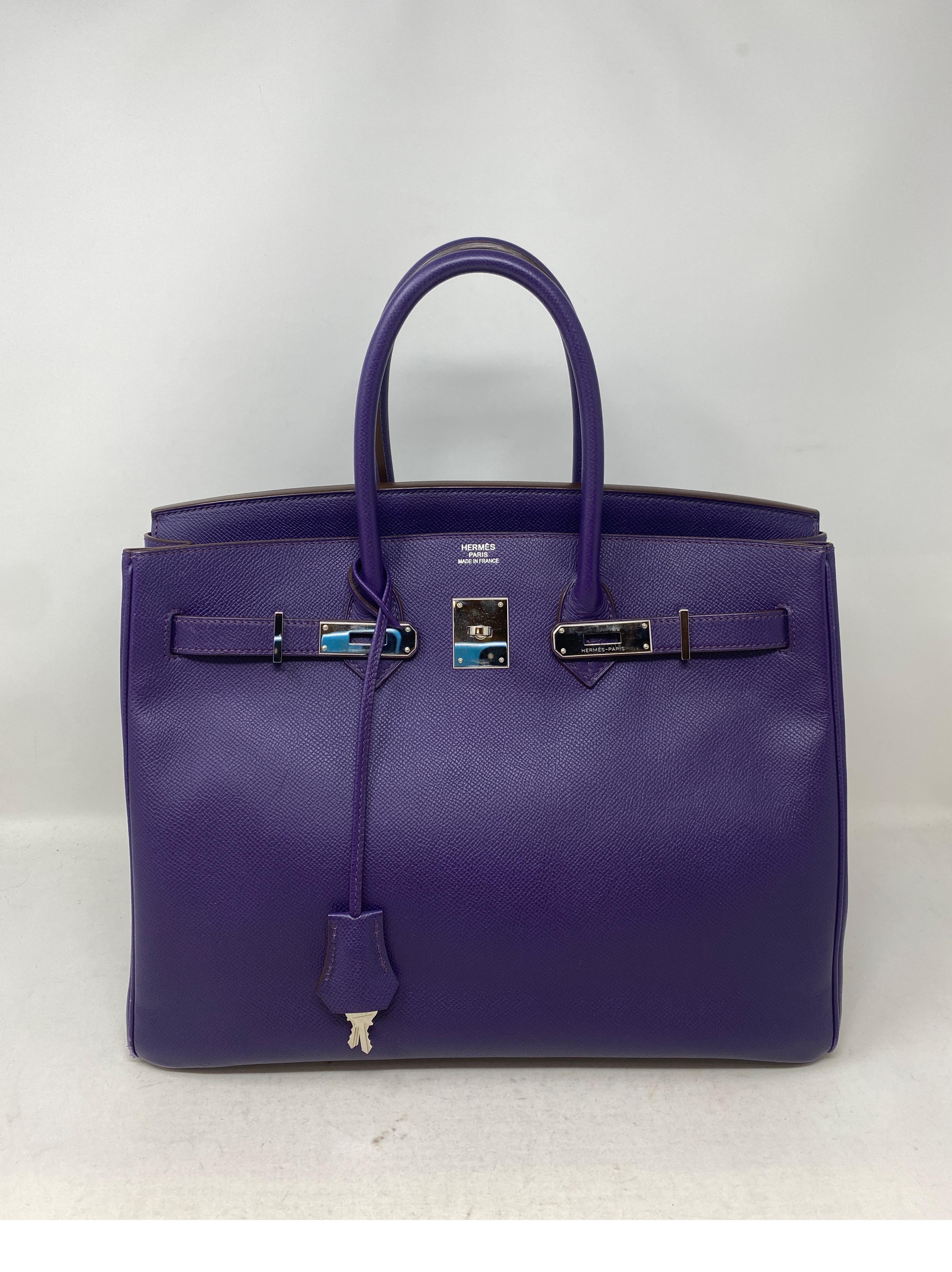 Hermes Purple Birkin 35 Bag. Darker blue-purple color with palladium hardware. Good condition. Epsom leather. Light wear on corners. Please see pictures. Interior clean. Includes clochette, lock, keys, and dust cover. Guaranteed authentic. 