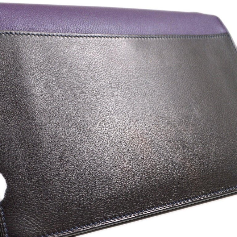 Women's HERMES Purple Black Cognac Face Evergrain Leather Clutch Shoulder Flap Bag For Sale