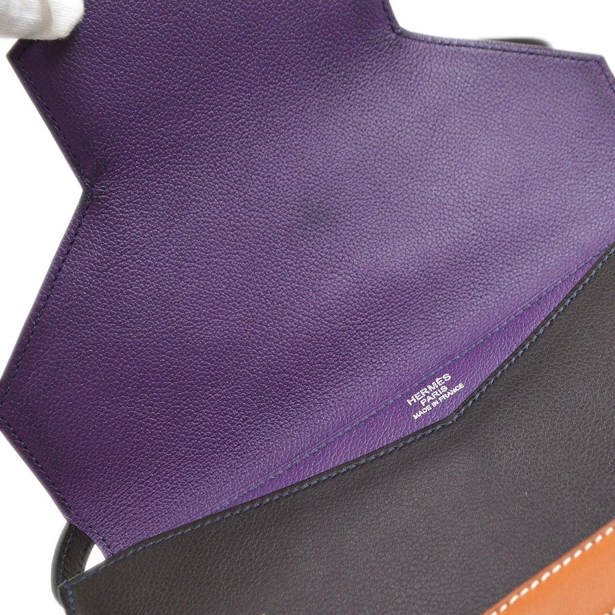 HERMES Purple Black Cognac Face Evergrain Leather Clutch Shoulder Flap Bag In Good Condition In Chicago, IL
