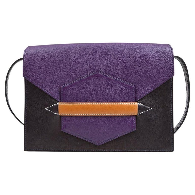 HERMES Purple Black Cognac Face Evergrain Leather Clutch Shoulder Flap Bag For Sale