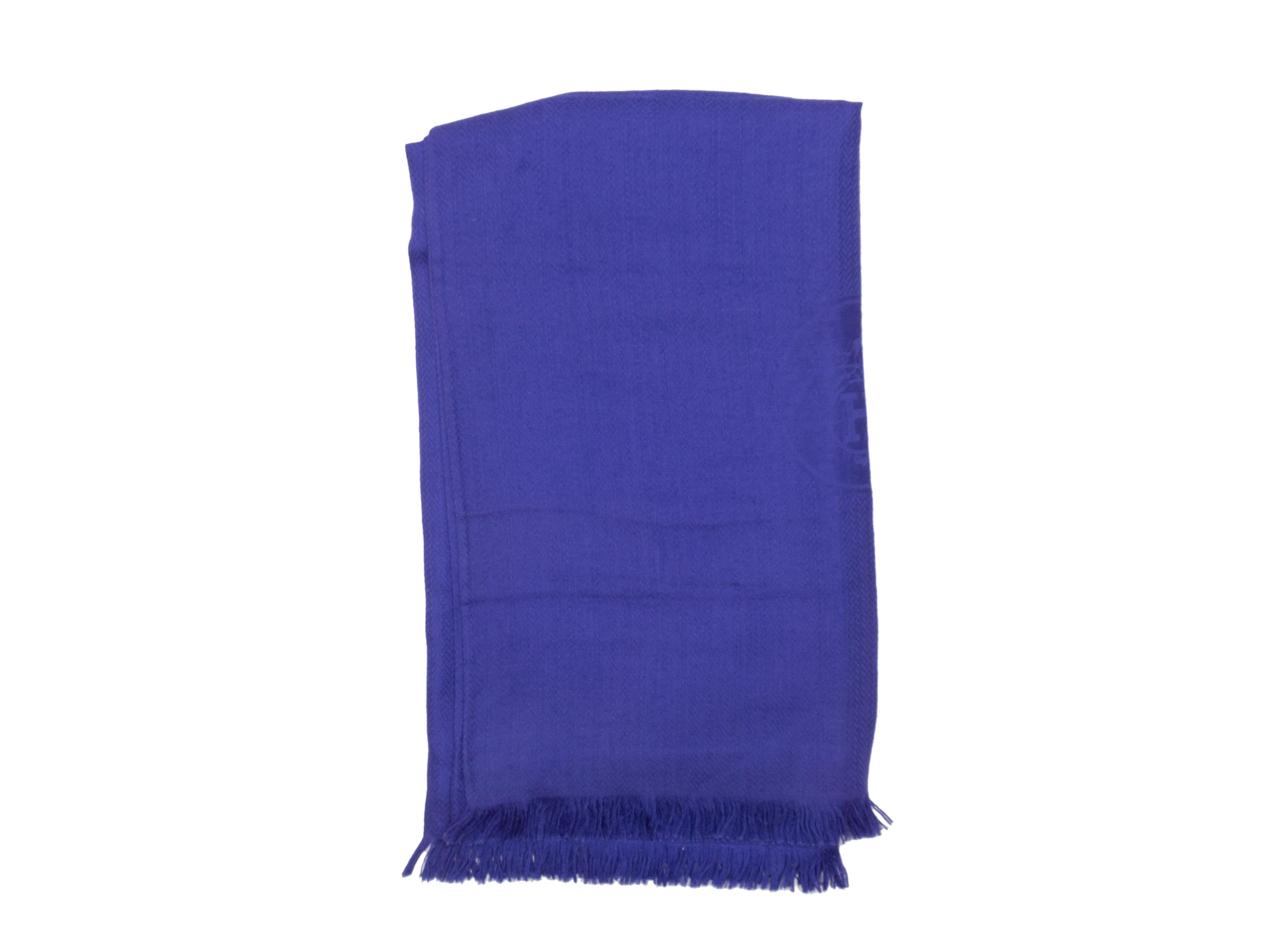 Product Details: Purple cashmere and silk-blend scarf by Hermes. Fringe trim at ends. 84