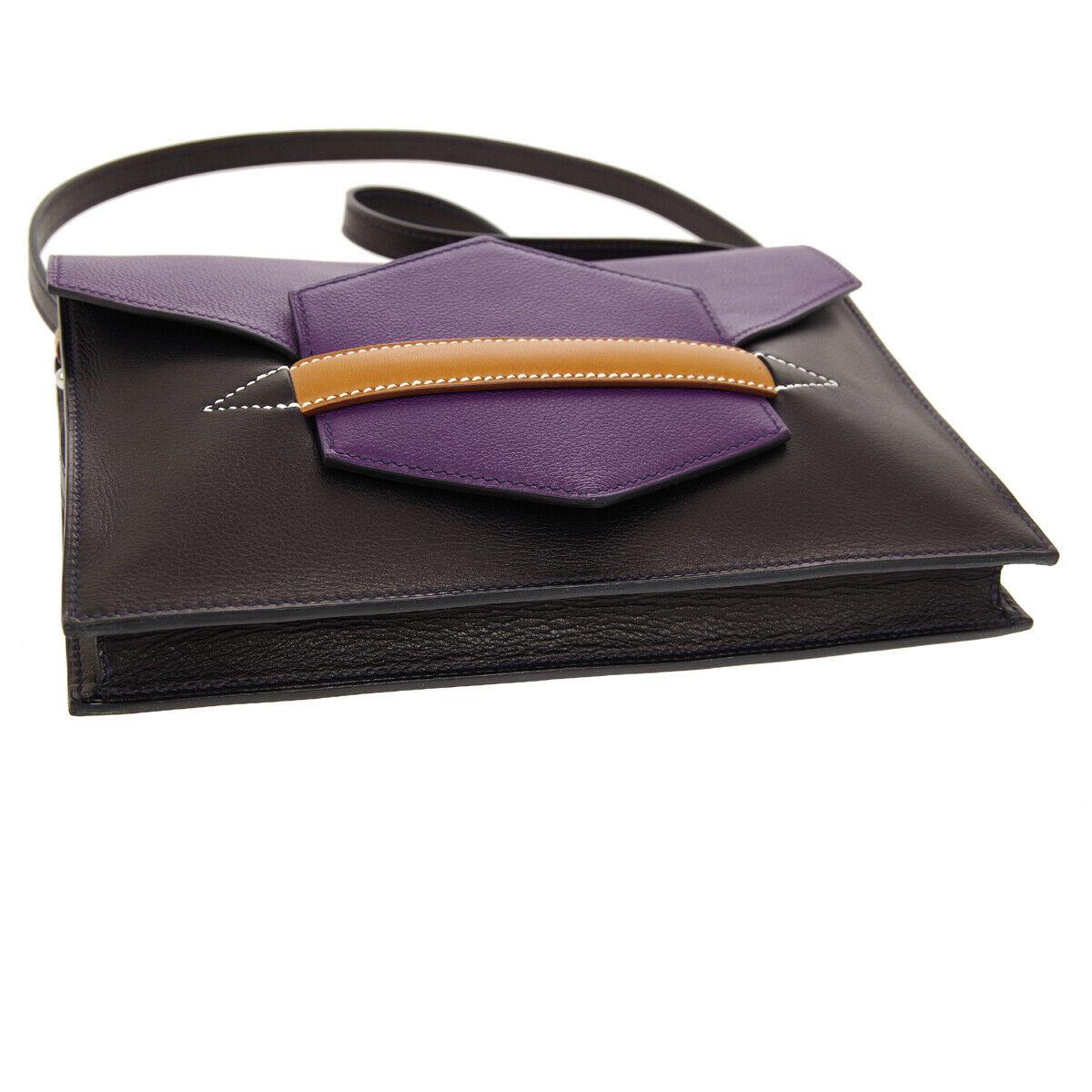 Black Hermes Purple Cognac Leather  2 in 1 Evening Clutch Shoulder Bag in Box