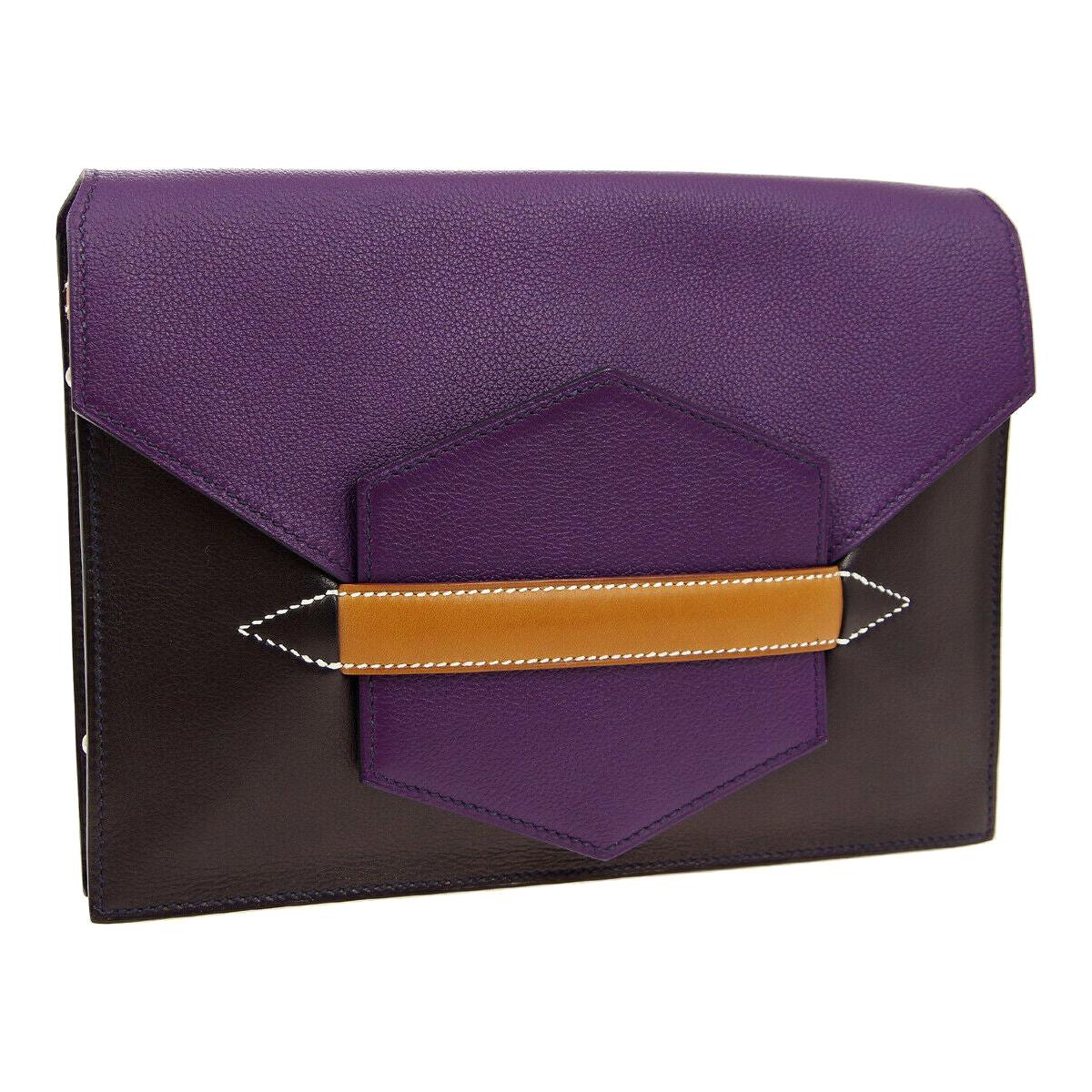 Hermes Purple Cognac Leather  2 in 1 Evening Clutch Shoulder Bag in Box For Sale