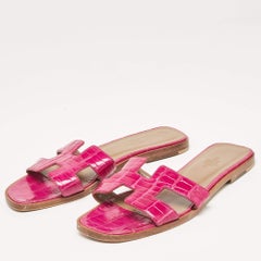Hermes Purple Crocodile Leather Oran Flat Slides Size 37