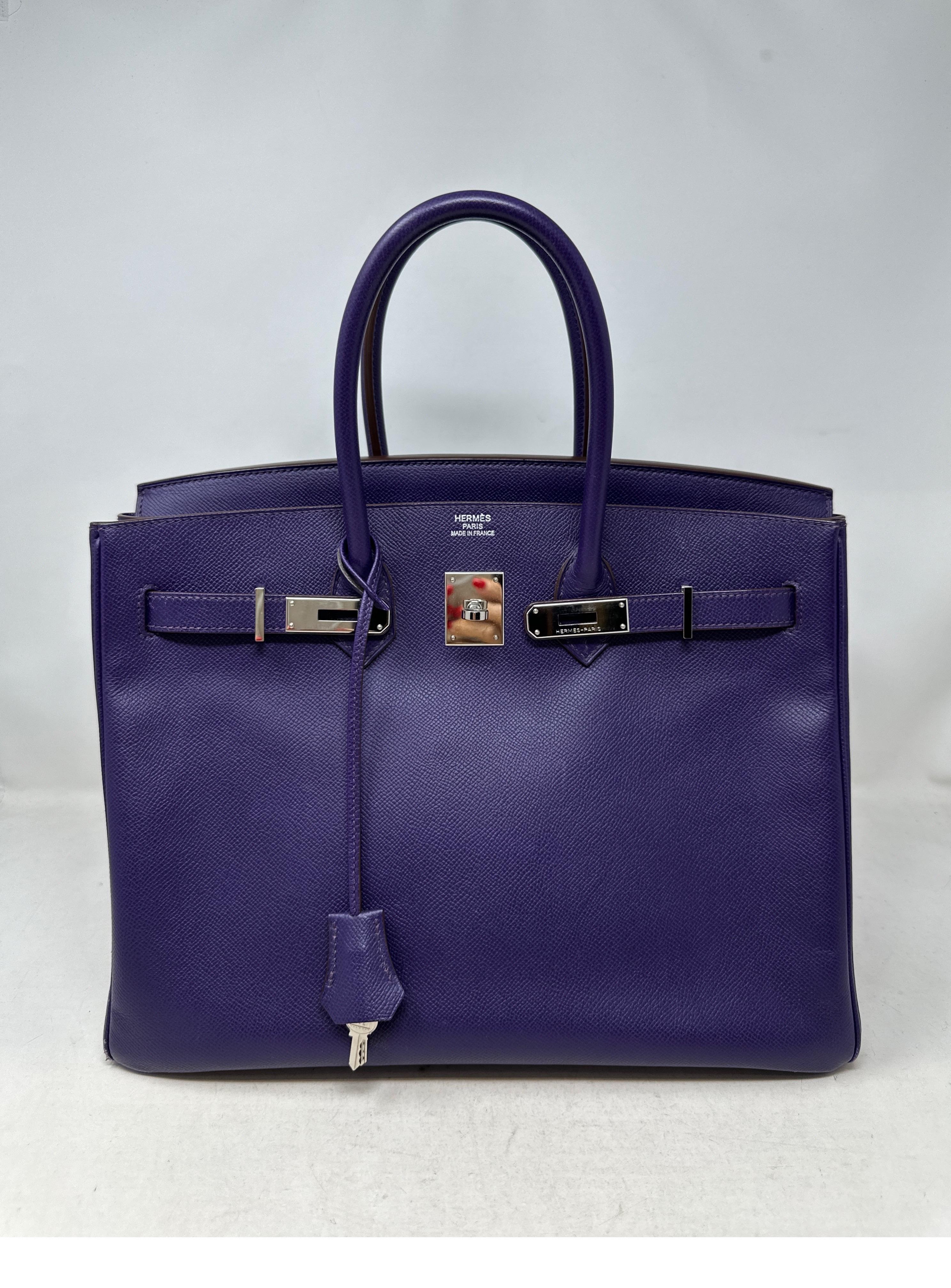 Hermes Purple Crocus Birkin 35 Bag. Unique purple color Birkin bag. Paladium hardware. Epsom leather. Interior clean. Corners have some wear. Includes clochette, lock, keys, and dust bag. Guaranteed authentic. 