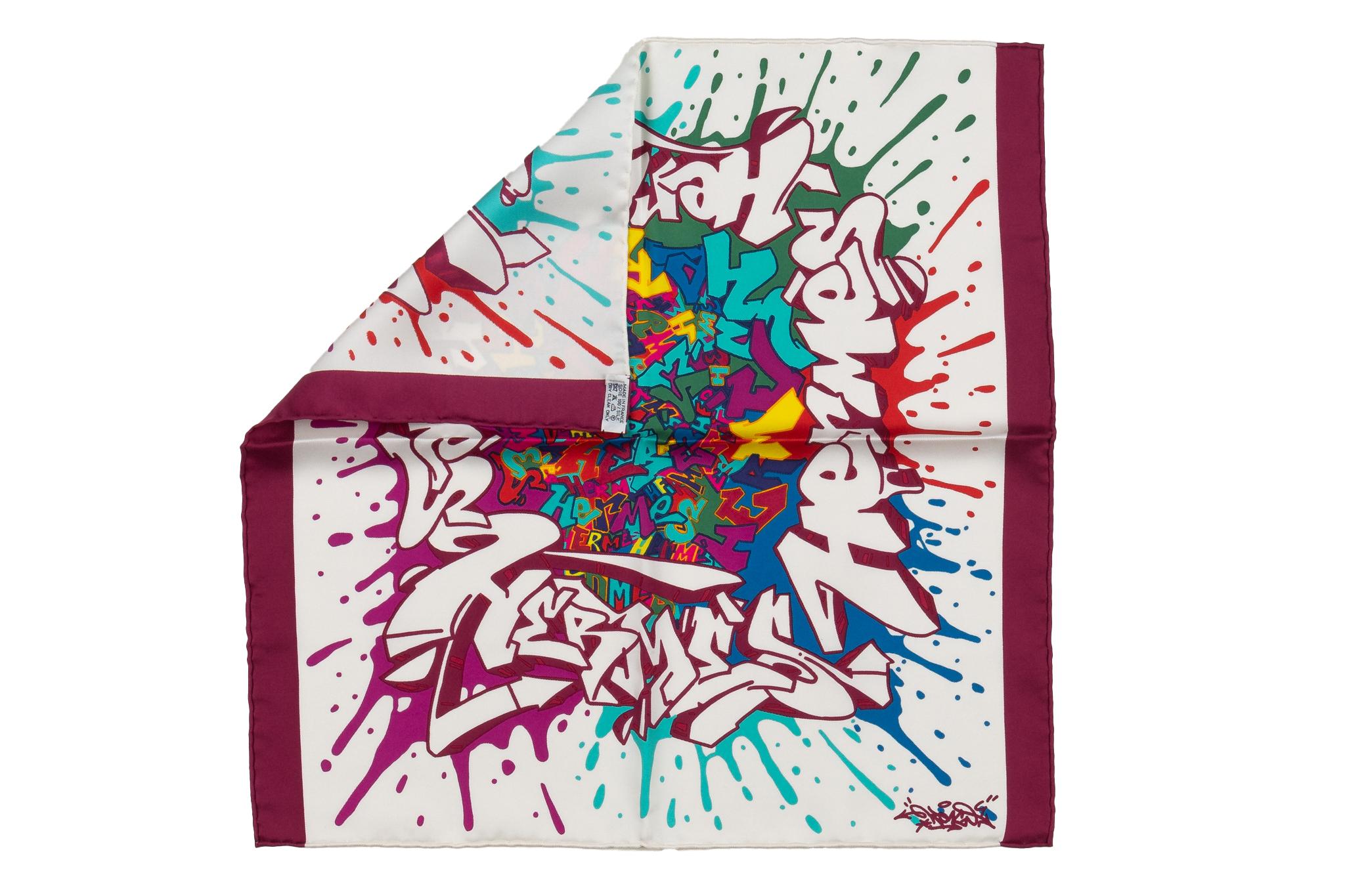 Beige Hermes Purple Graffiti Silk Gavroche For Sale