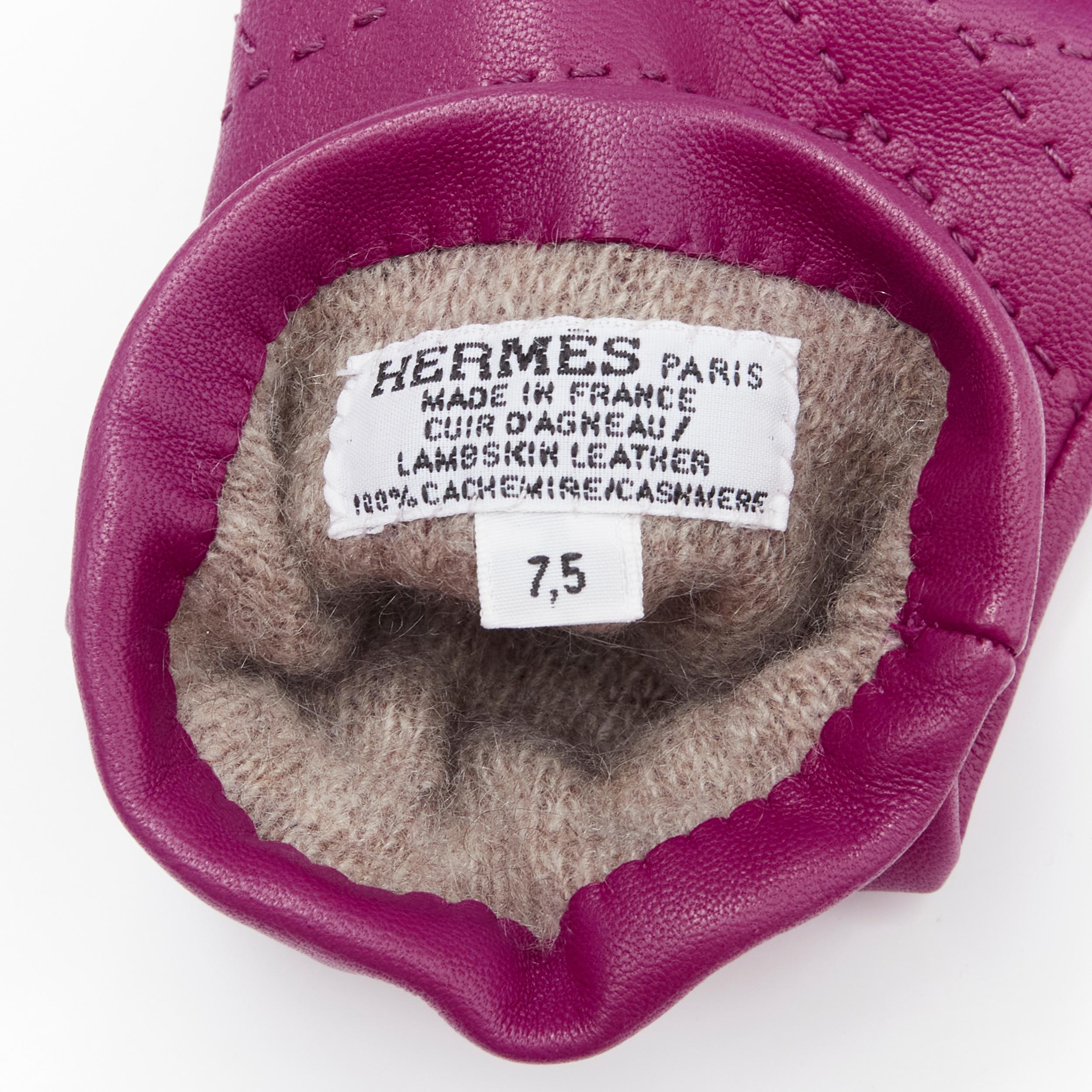 Purple HERMES purple lamb leather overstitching 100% cashmere lined glove 7.5 For Sale