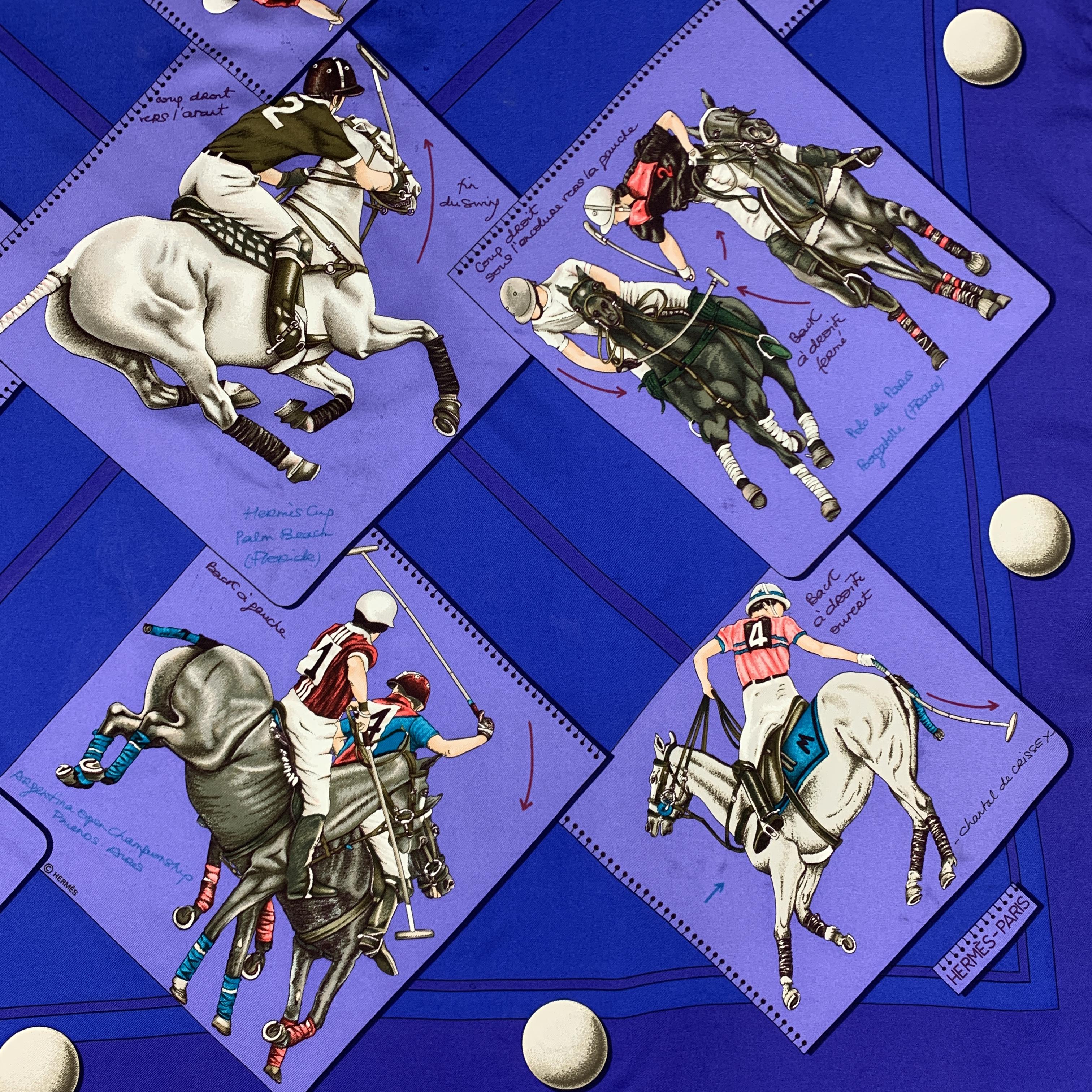 HERMES Purple 'Le Monde du Polo' Horse Jockey Polo Print Silk Scarf In Good Condition In San Francisco, CA