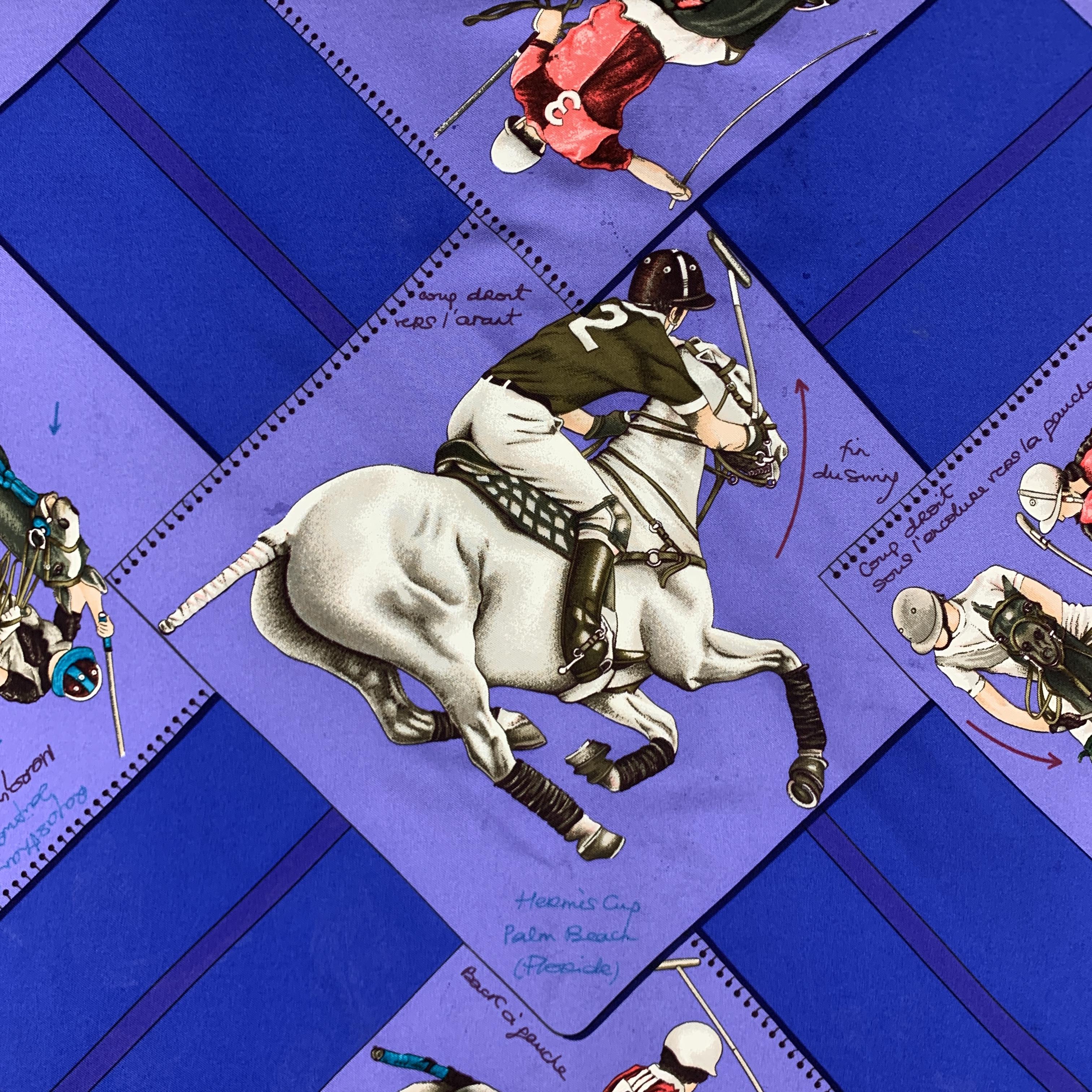 HERMES Purple 'Le Monde du Polo' Horse Jockey Polo Print Silk Scarf 1