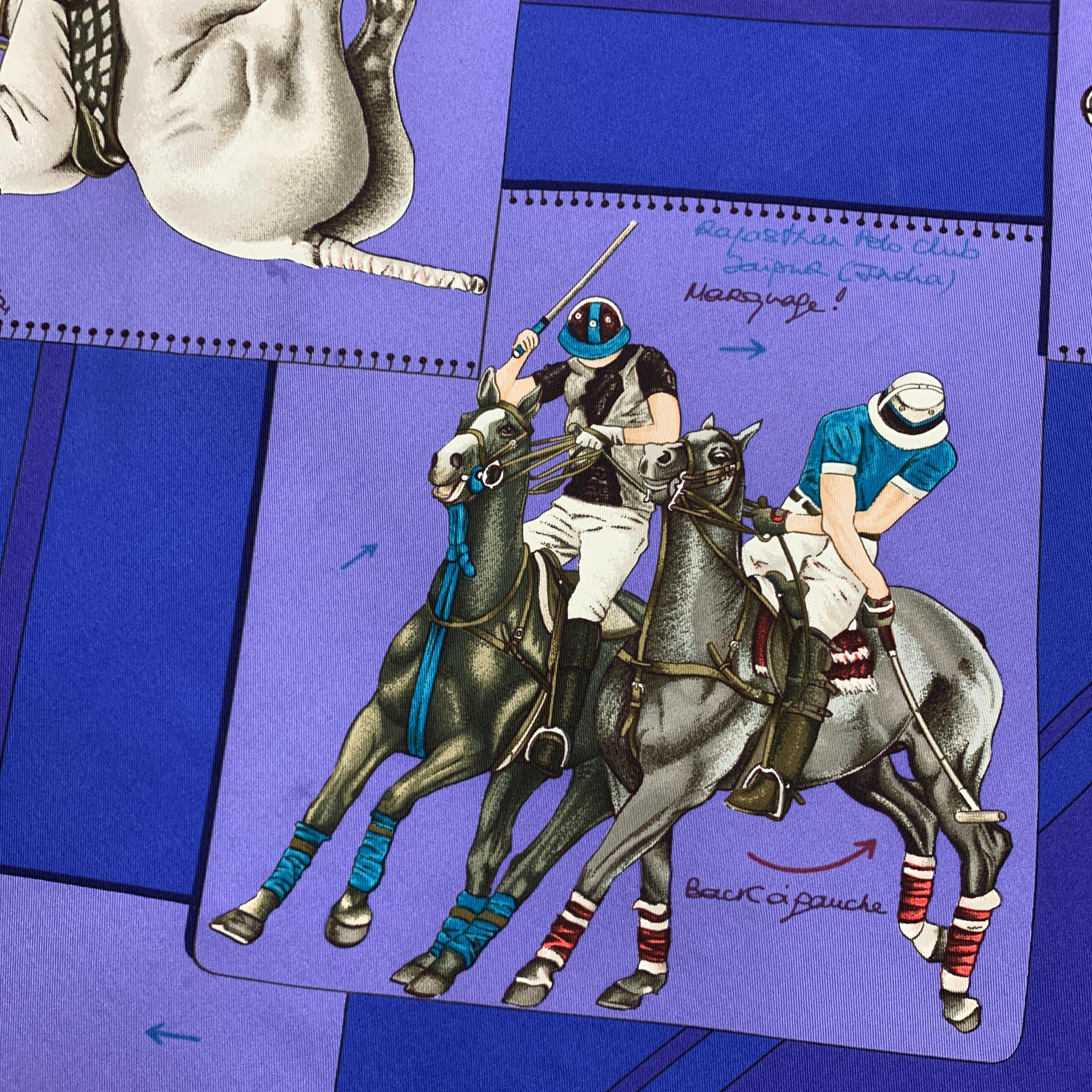 HERMES Purple 'Le Monde du Polo' Horse Jockey Polo Print Silk Scarf 2
