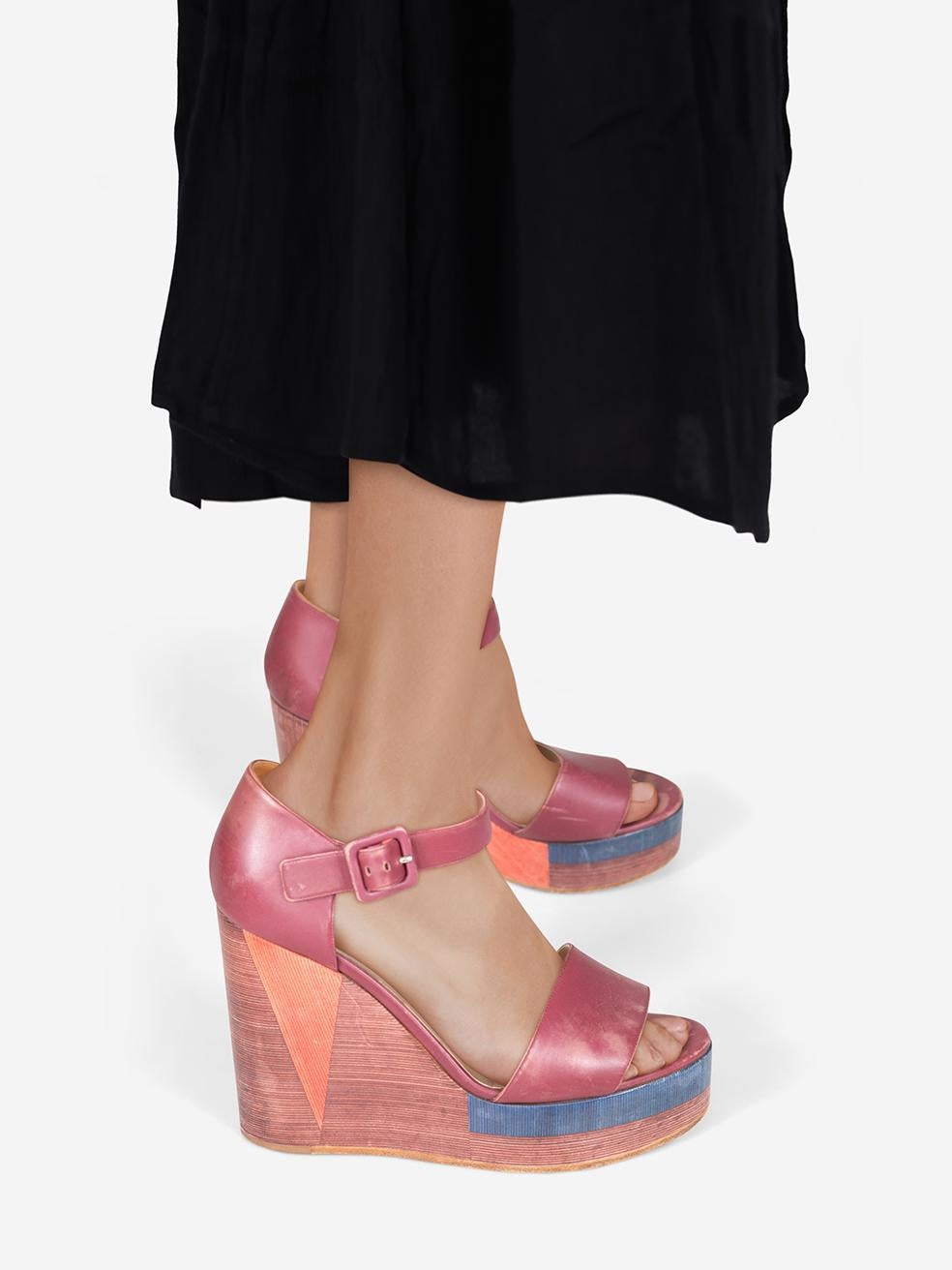 CONDITION is Good. General wear to the wedges is evident. Moderate discolouration on both insoles. Abrasion across the wedge and leather areas on both shoes on this used Hermès designer resale item.
 
 Details
 
 
 Purple
 
 Leather
 
 Sandals
 
