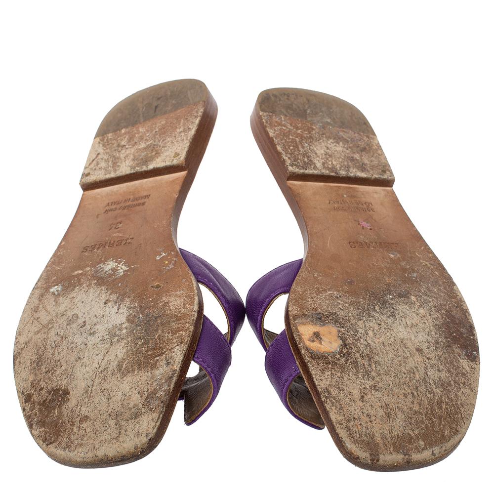 Gray Hermes Purple Leather Oran Flat Slides Size 34