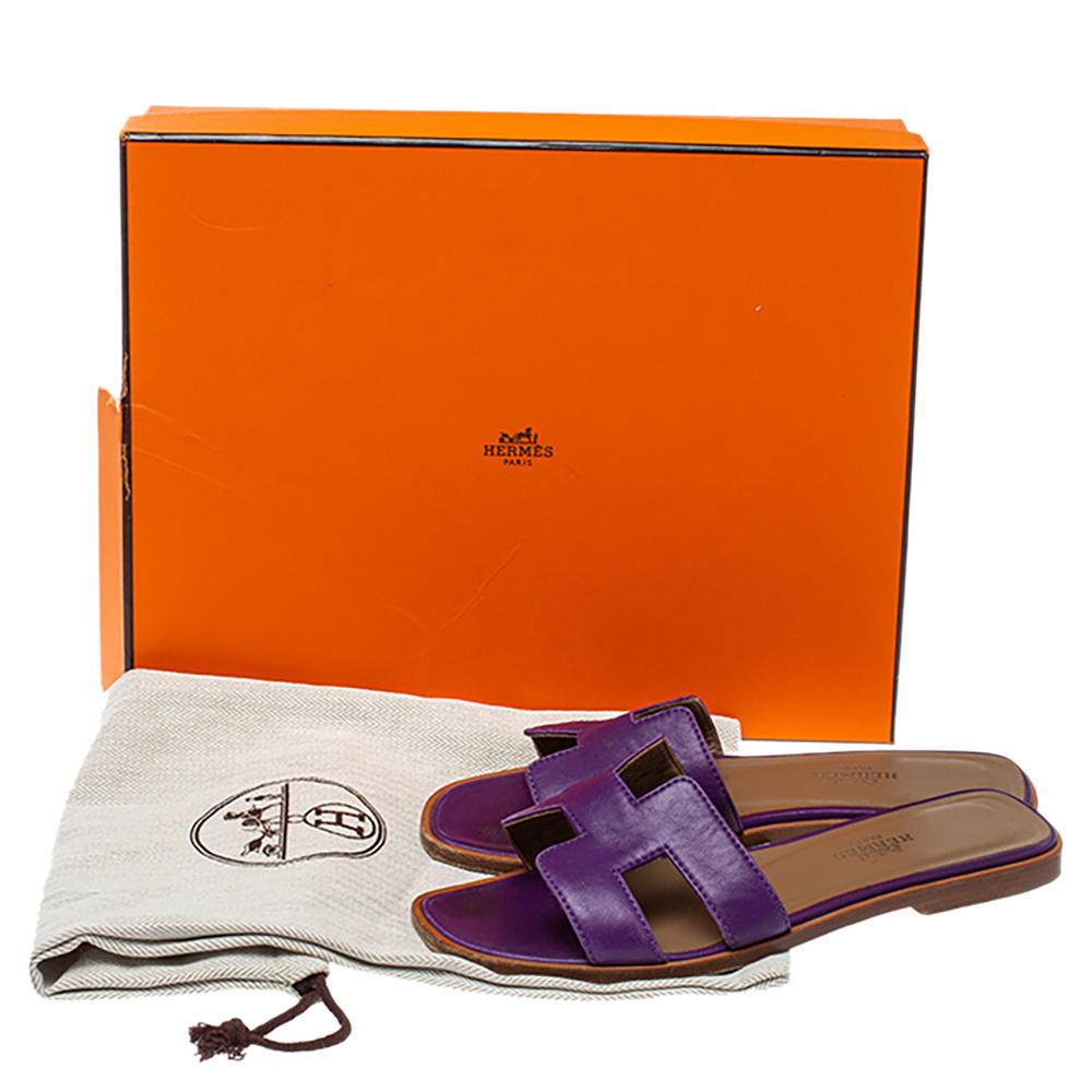 Women's Hermes Purple Leather Oran Flat Slides Size 34