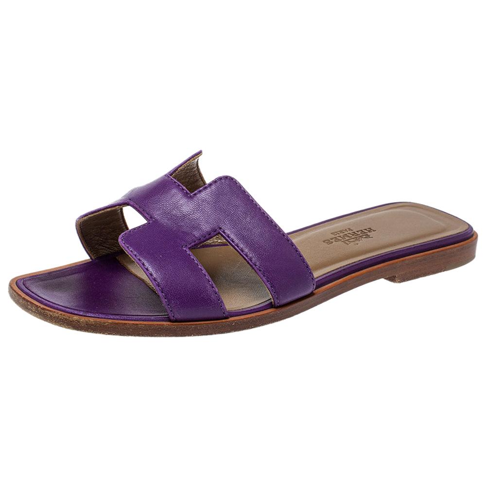 Hermes Purple Leather Oran Flat Slides Size 34