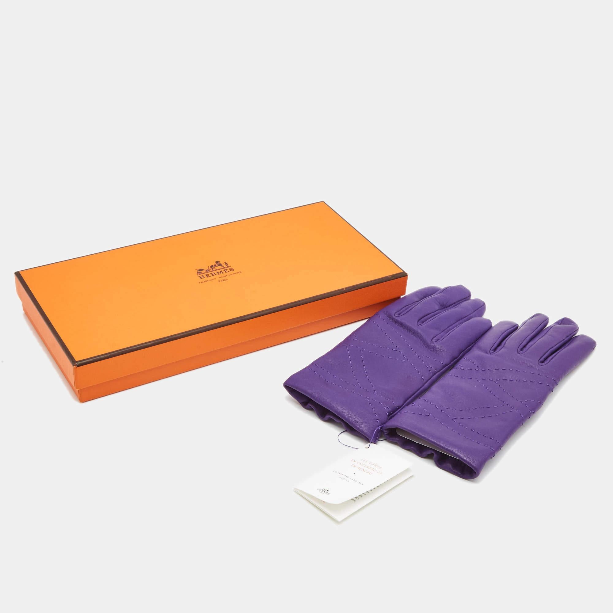 Women's Hermès Purple Leather Stitch Detail Gloves Size 7