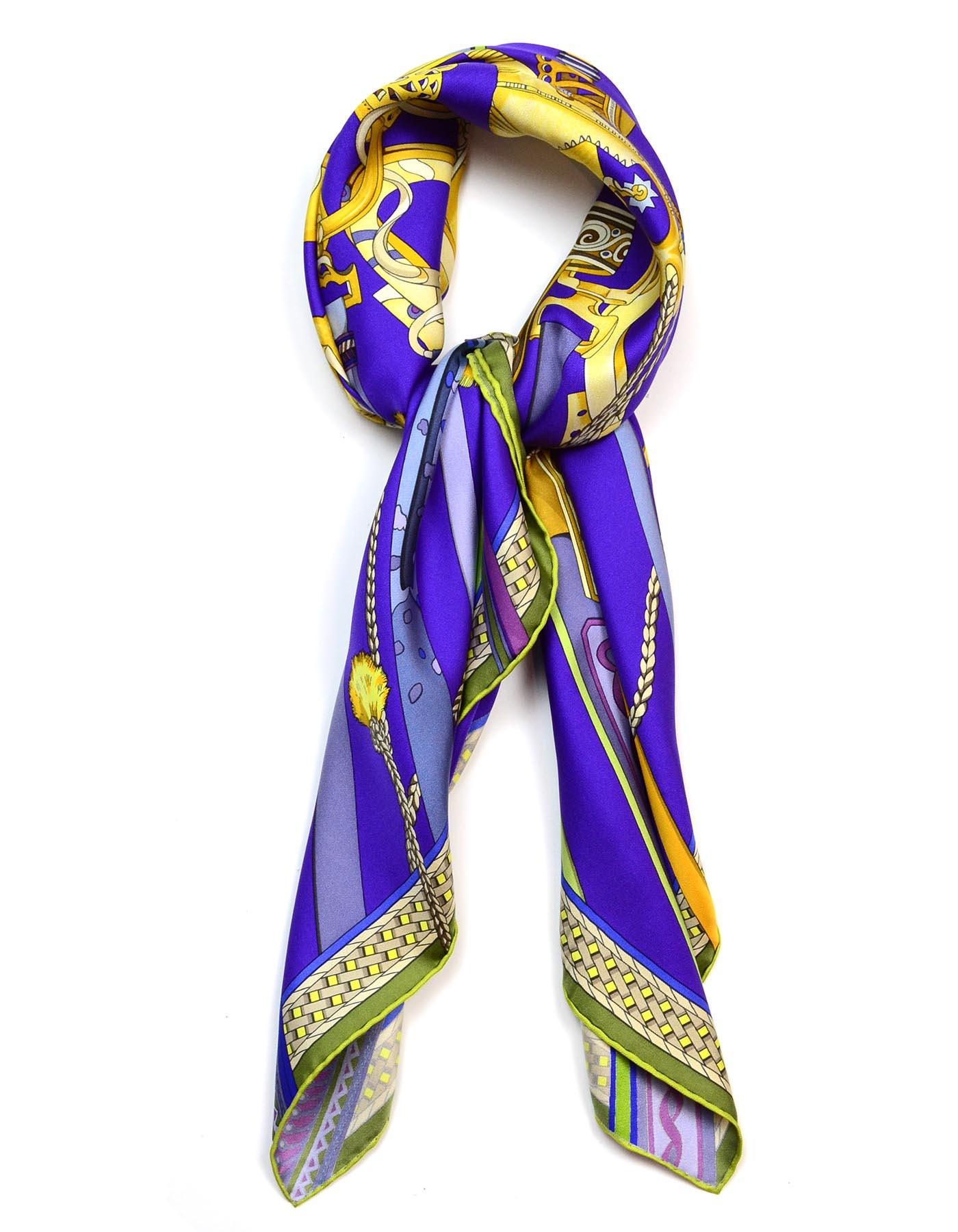 Hermes Purple/Olive Green Concours D' Etriers By Virginie Jamin 90CM Silk Scarf

Made In:  France
Color: Purple, olive green, yellow
Materials: 100% silk
Overall Condition: Excellent pre-owned condition 
Estimated Retail: $395 + tax
Includes: 