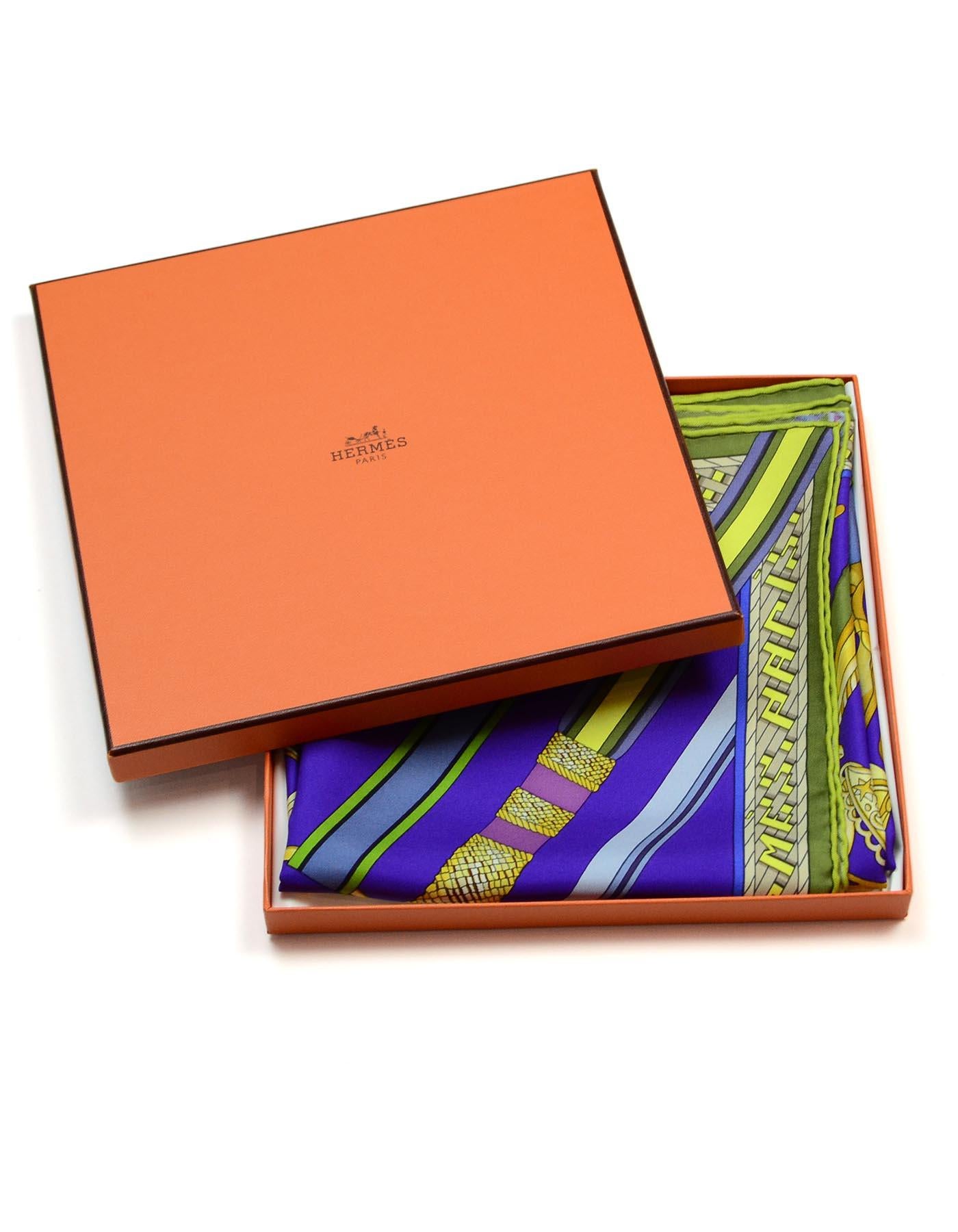 Hermes Purple/Olive Green Concours D' Etriers By Virginie Jamin 90CM Silk Scarf In Excellent Condition In New York, NY