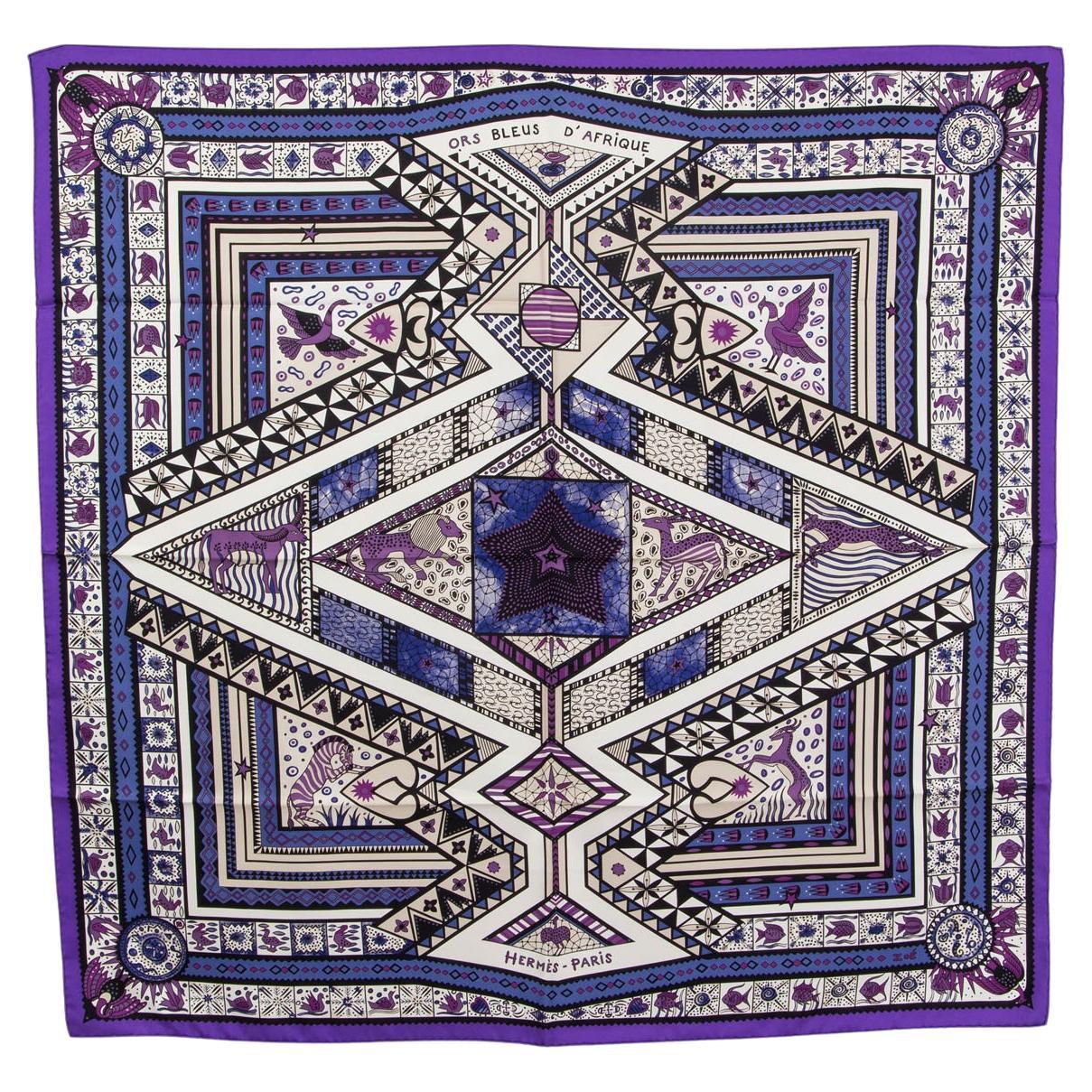 HERMES Calle 90 silk ORS BLEUS D'AFRIQUE Blue Gold of Africa scarf animal Orange multicolor