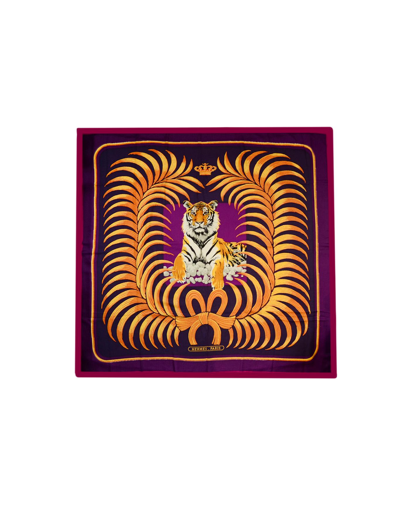 Hermes Purple Pink Royal Tiger Silk & Cashmere 140cm Shawl

Made In: France 
Color: Purple, Pink
Materials: 65% Cashmere, 35% Silk
Overall Condition: Excellent pre-owned condition, with the exception of a pull along the bottom right (See