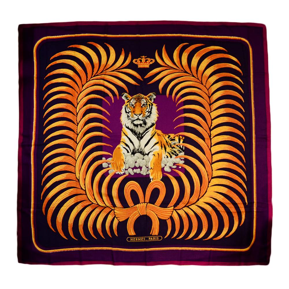 Hermes Purple & Pink Royal Tiger Silk & Cashmere 140cm Scarf Shawl