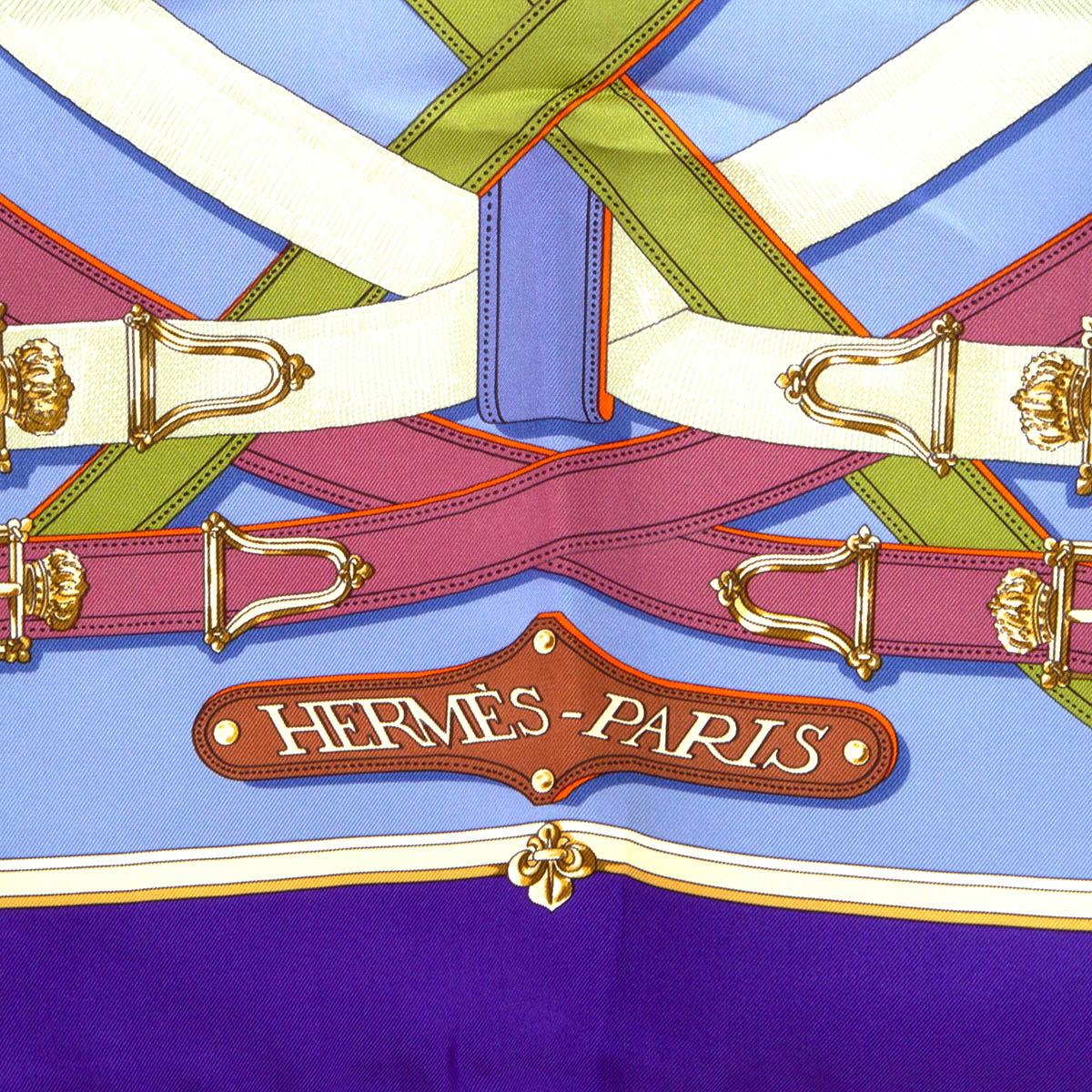 Purple HERMES purple silk CAVALCADOUR 90 Twill Scarf Violet Ciel Jaune