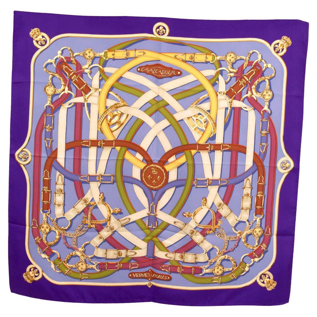 HERMES purple silk CAVALCADOUR 90 Twill Scarf Violet Ciel Jaune