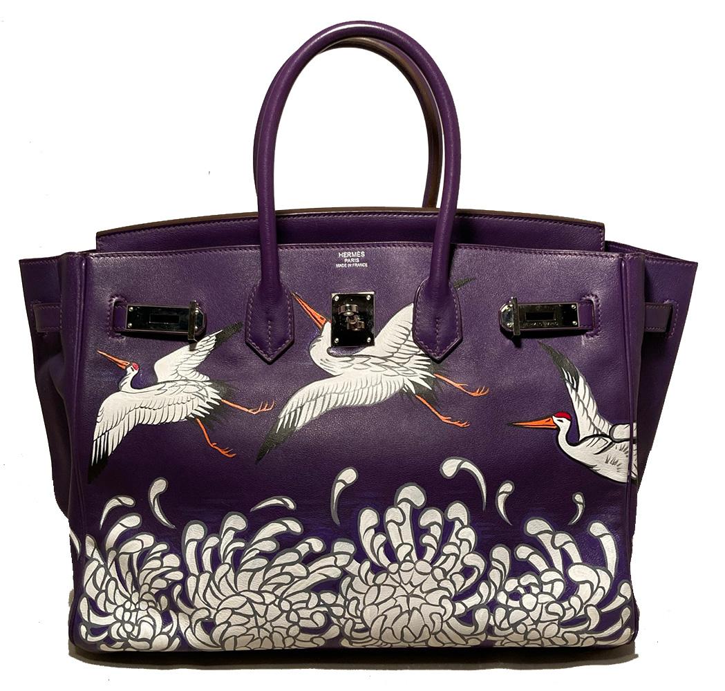 Hermes Purple Swift Leather Birkin 35 with Hand Painted Cranes & Chrysanthemums 6