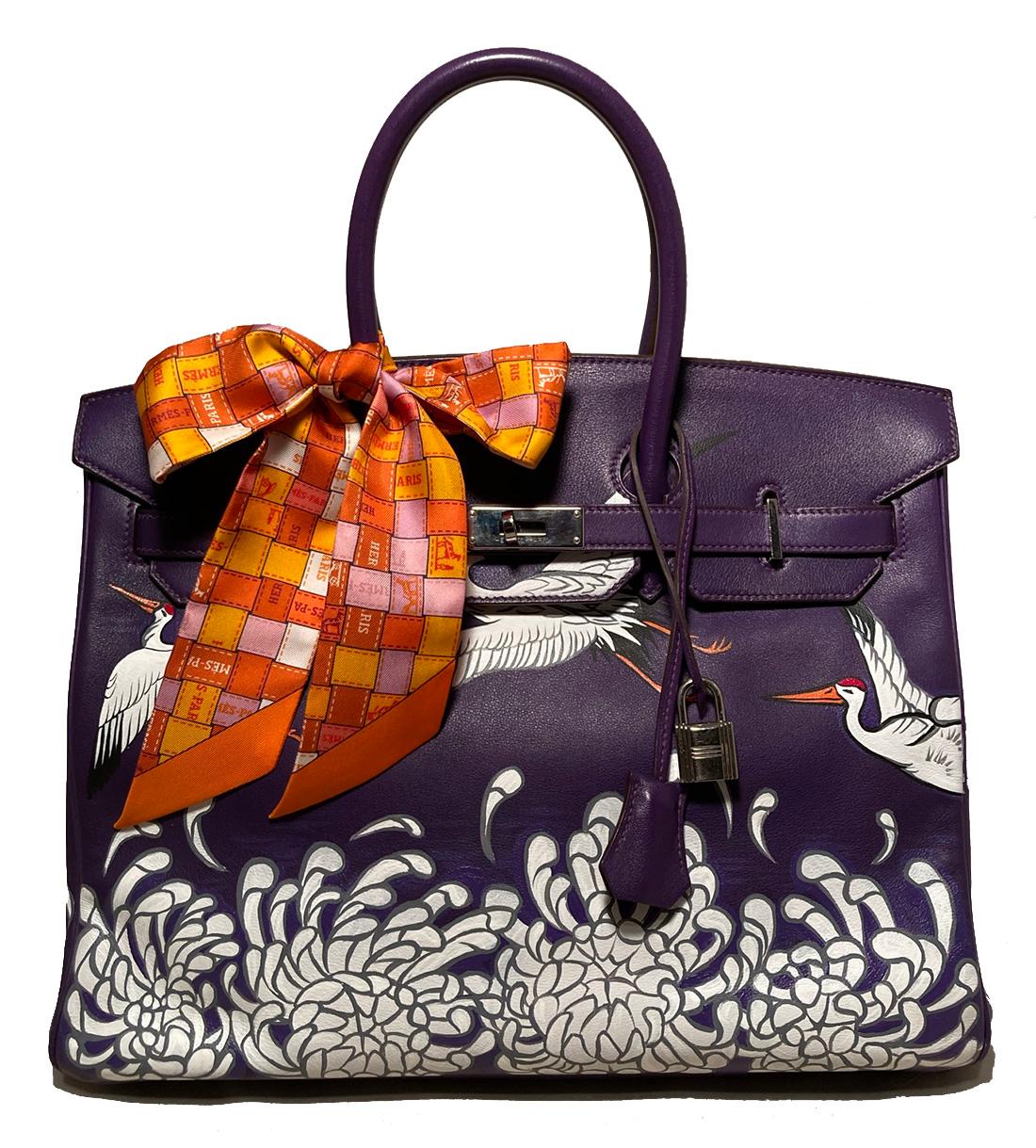 Hermes Purple Swift Leather Birkin 35 with Hand Painted Cranes & Chrysanthemums 7