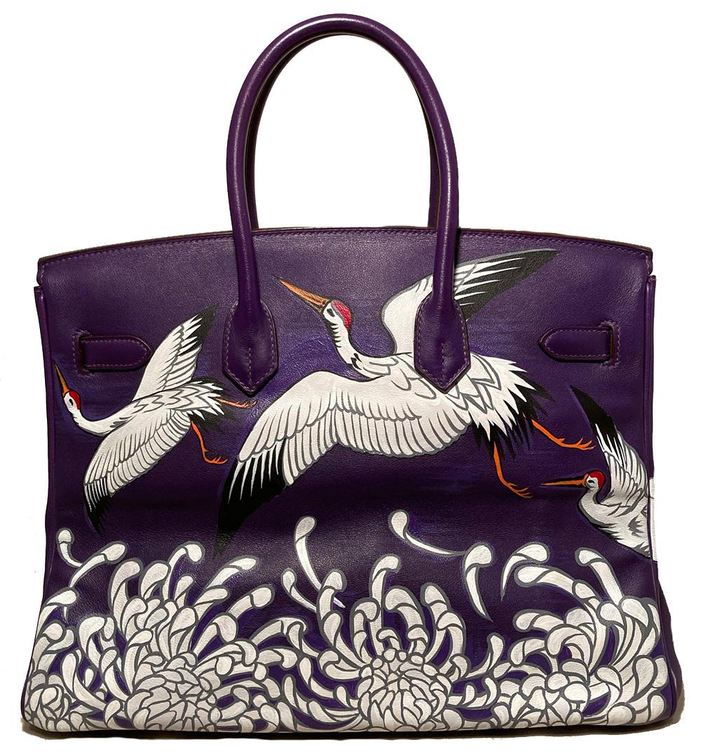 Black Hermes Purple Swift Leather Birkin 35 with Hand Painted Cranes & Chrysanthemums